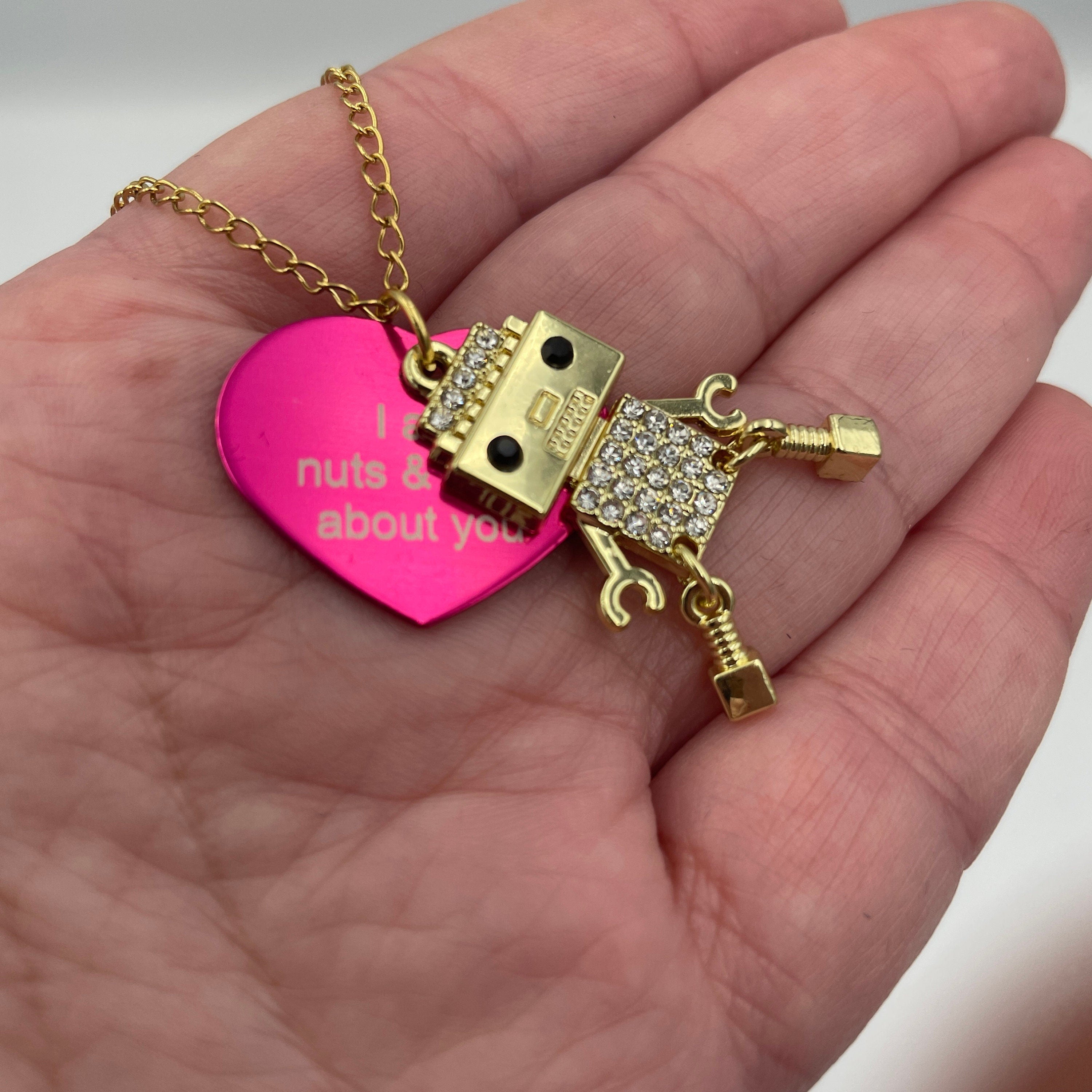 Personalised Adorable Bling Robot Necklace. Custom colour/ name/ date