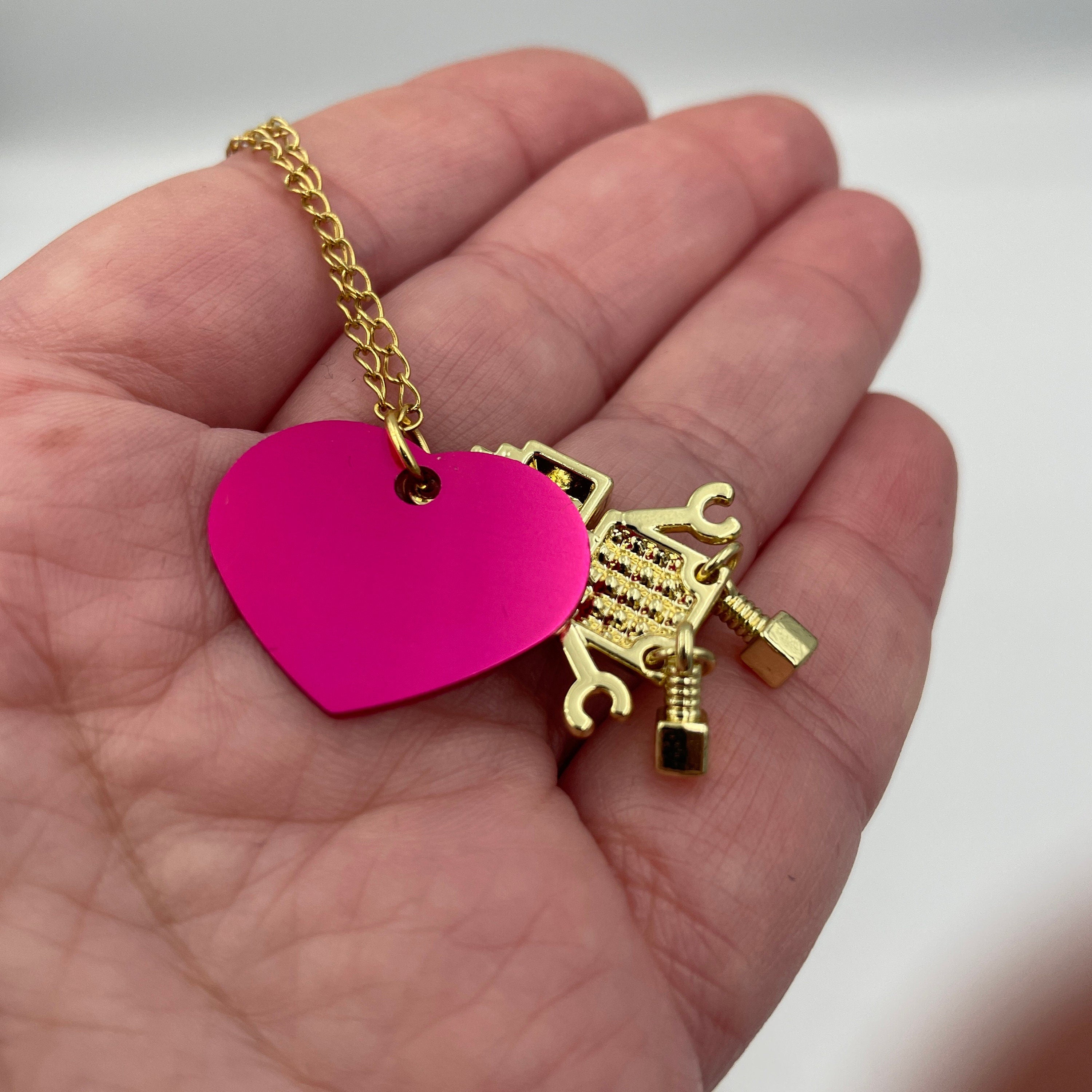 Personalised Adorable Bling Robot Necklace. Custom colour/ name/ date