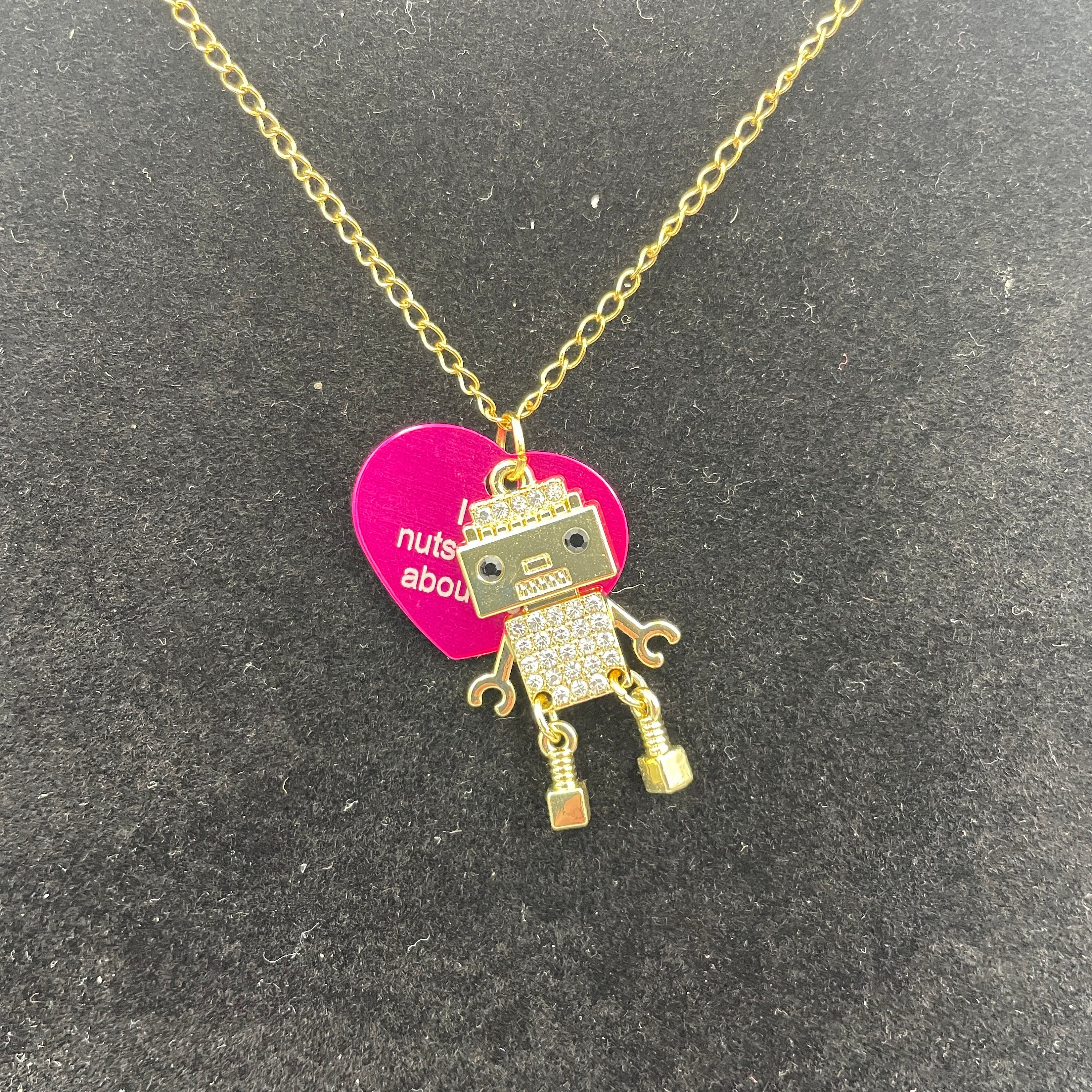 Personalised Adorable Bling Robot Necklace. Custom colour/ name/ date