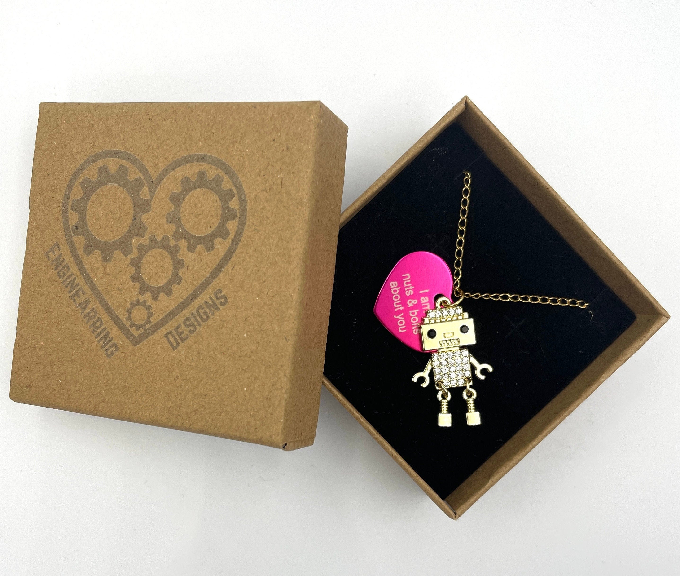 Personalised Adorable Bling Robot Necklace. Custom colour/ name/ date Hot Pink