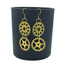 Gold Double Dangle Steampunk Statement Earrings with Cogs