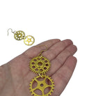 Gold Double Dangle Steampunk Statement Earrings with Cogs