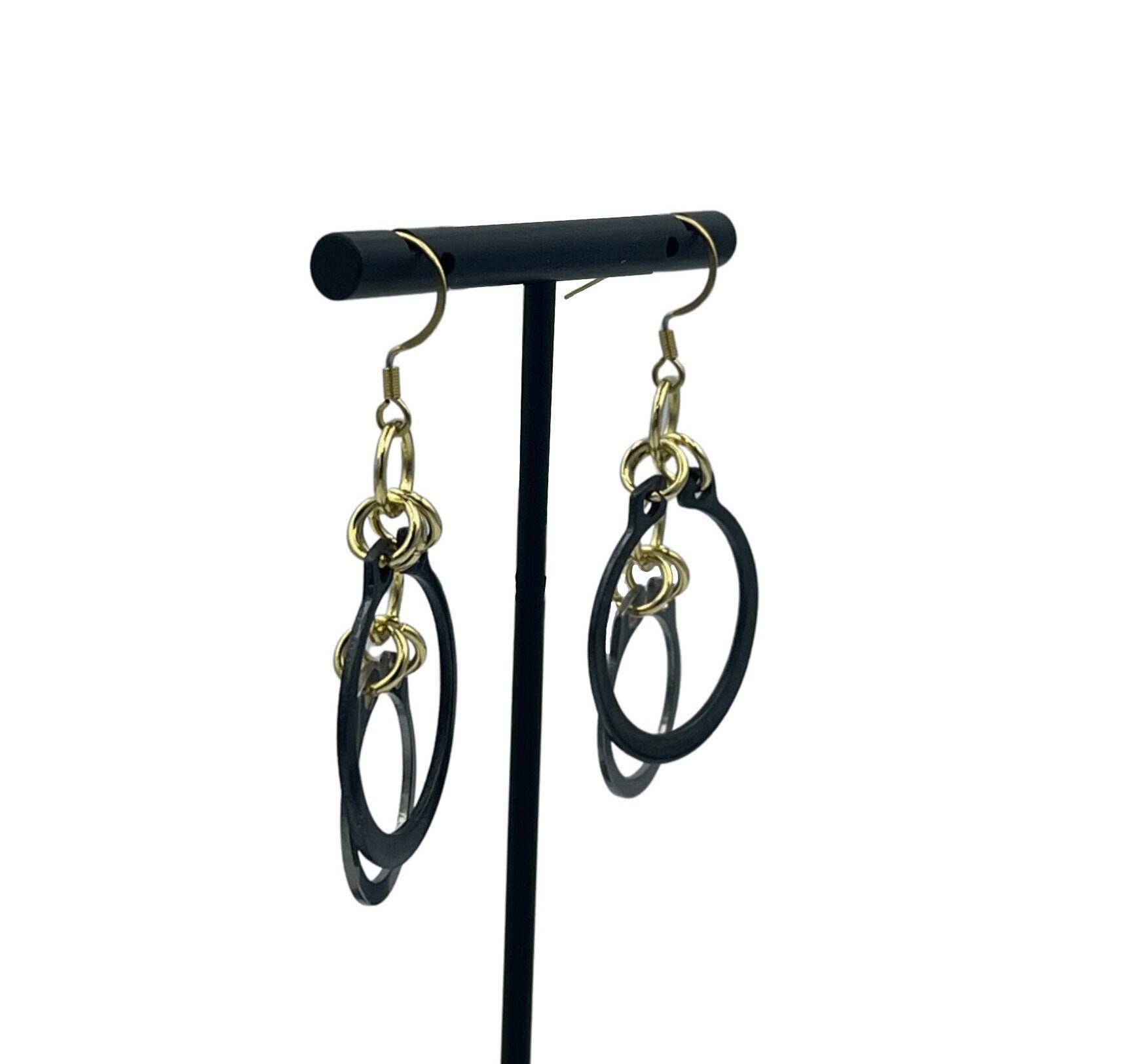 Black, Silver and Gold Hardware C-clip Dangle Steampunk Statement Earrings