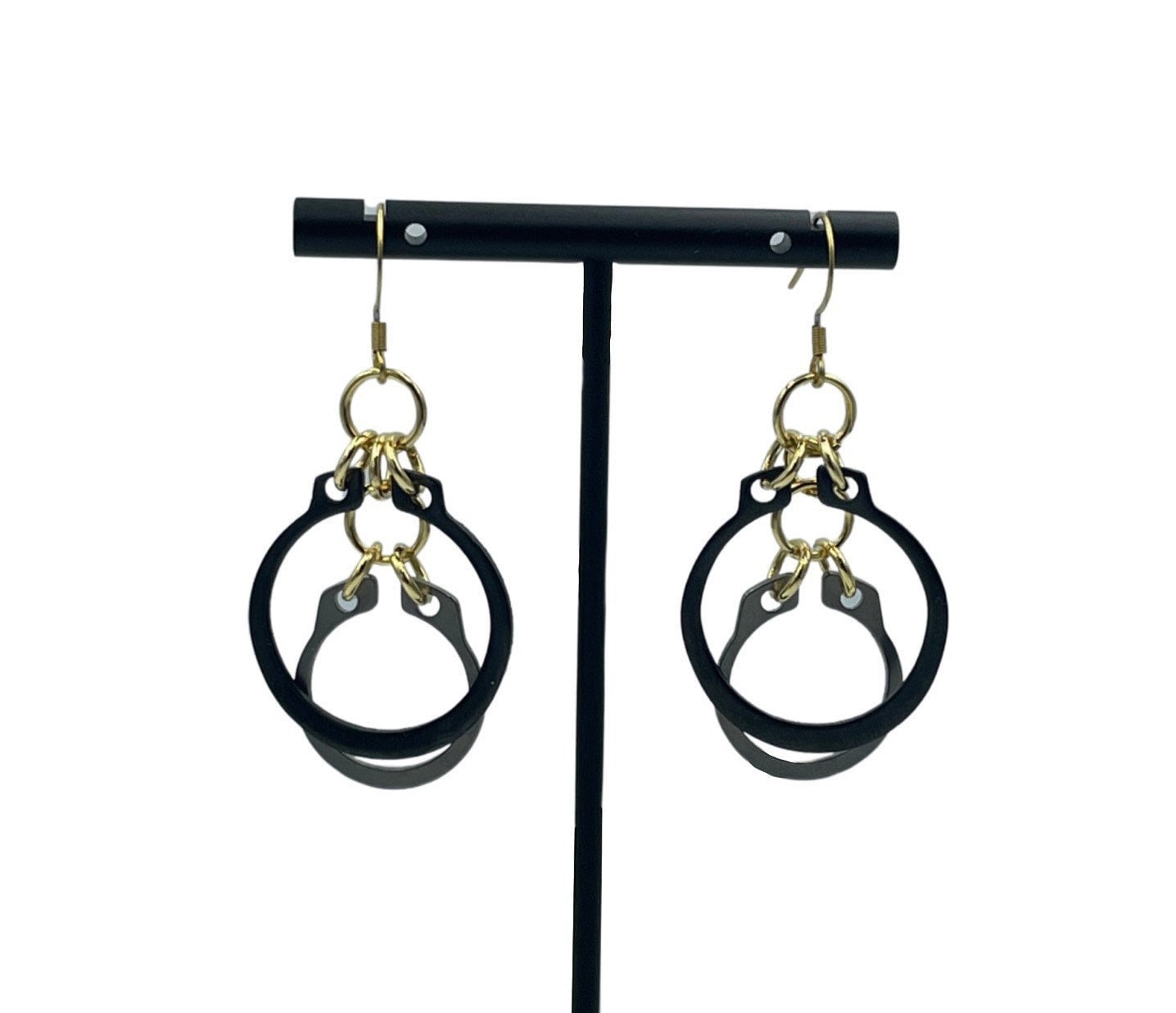 Black, Silver and Gold Hardware C-clip Dangle Steampunk Statement Earrings