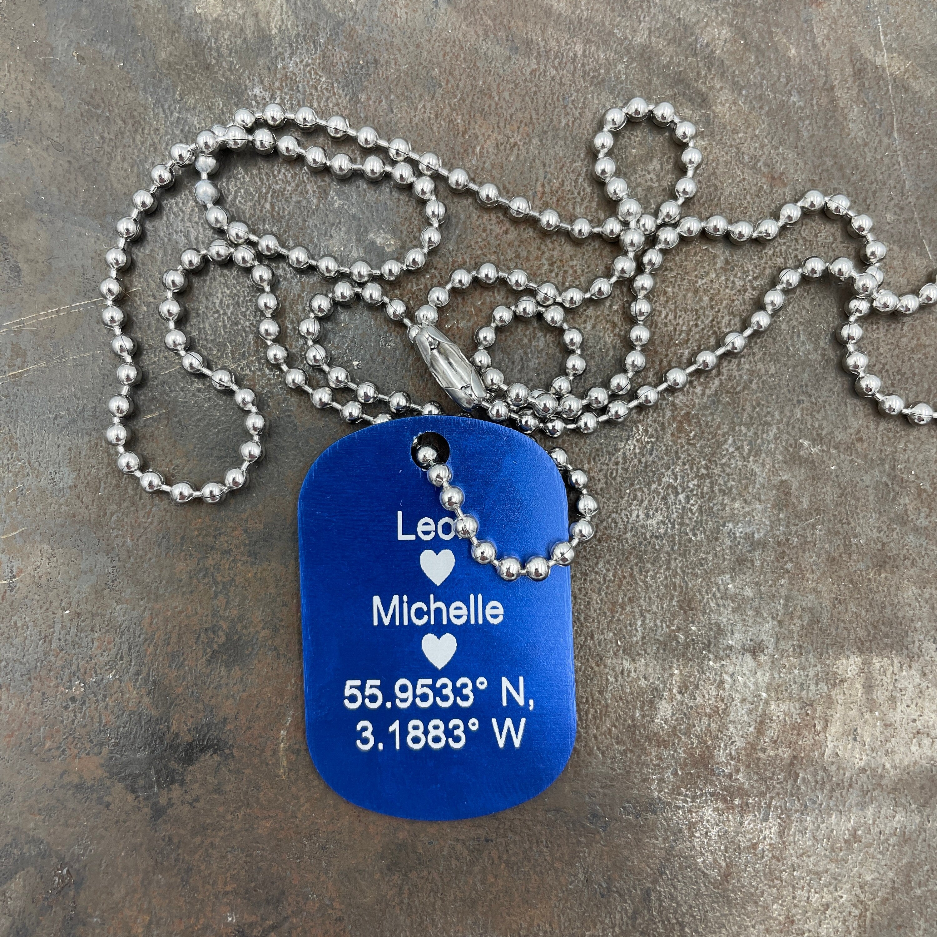 Personalised Blue Tag Pendant Necklace. Thoughtful military style jewellery for him