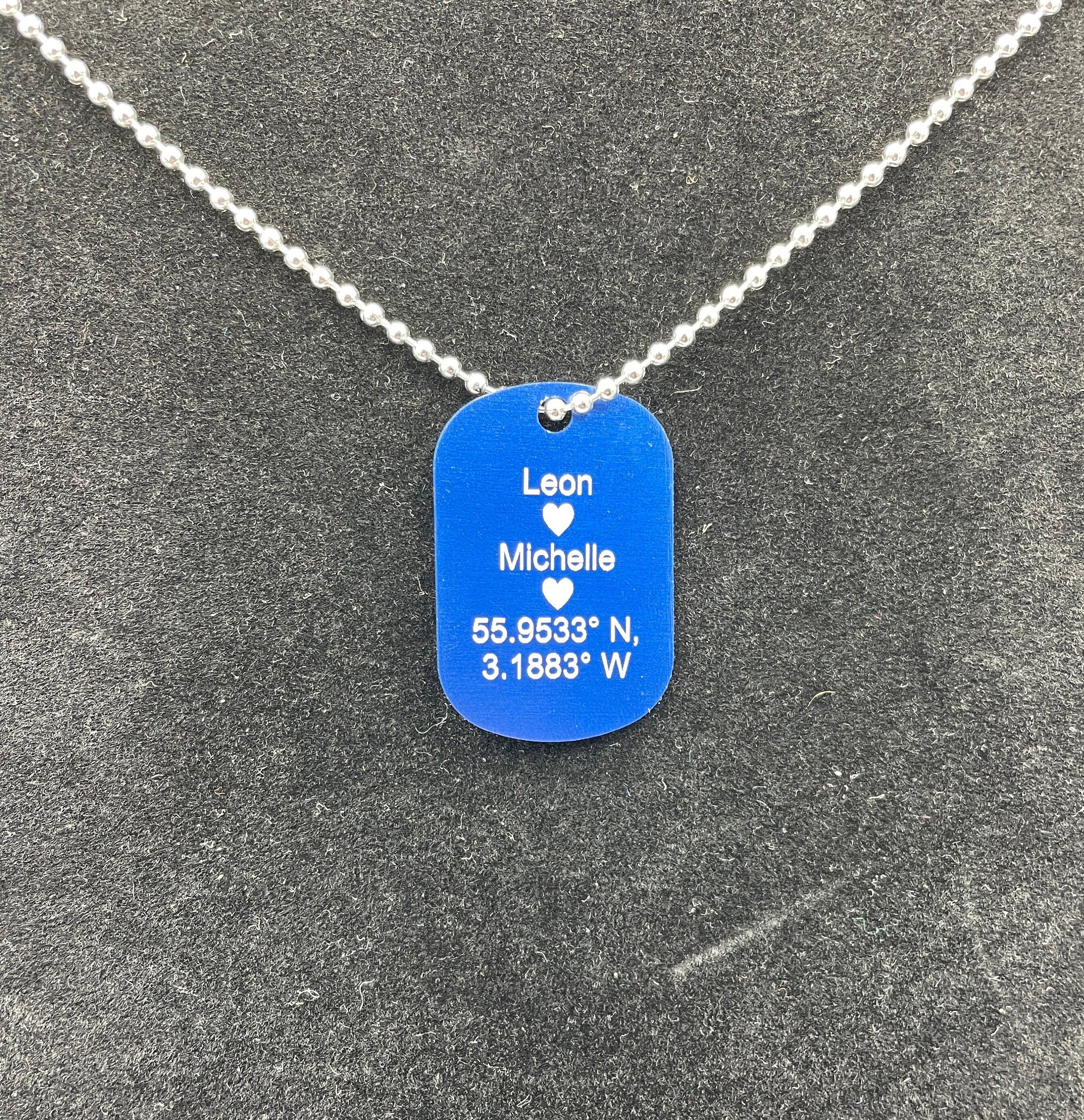 Personalised Blue Tag Pendant Necklace. Thoughtful military style jewellery for him