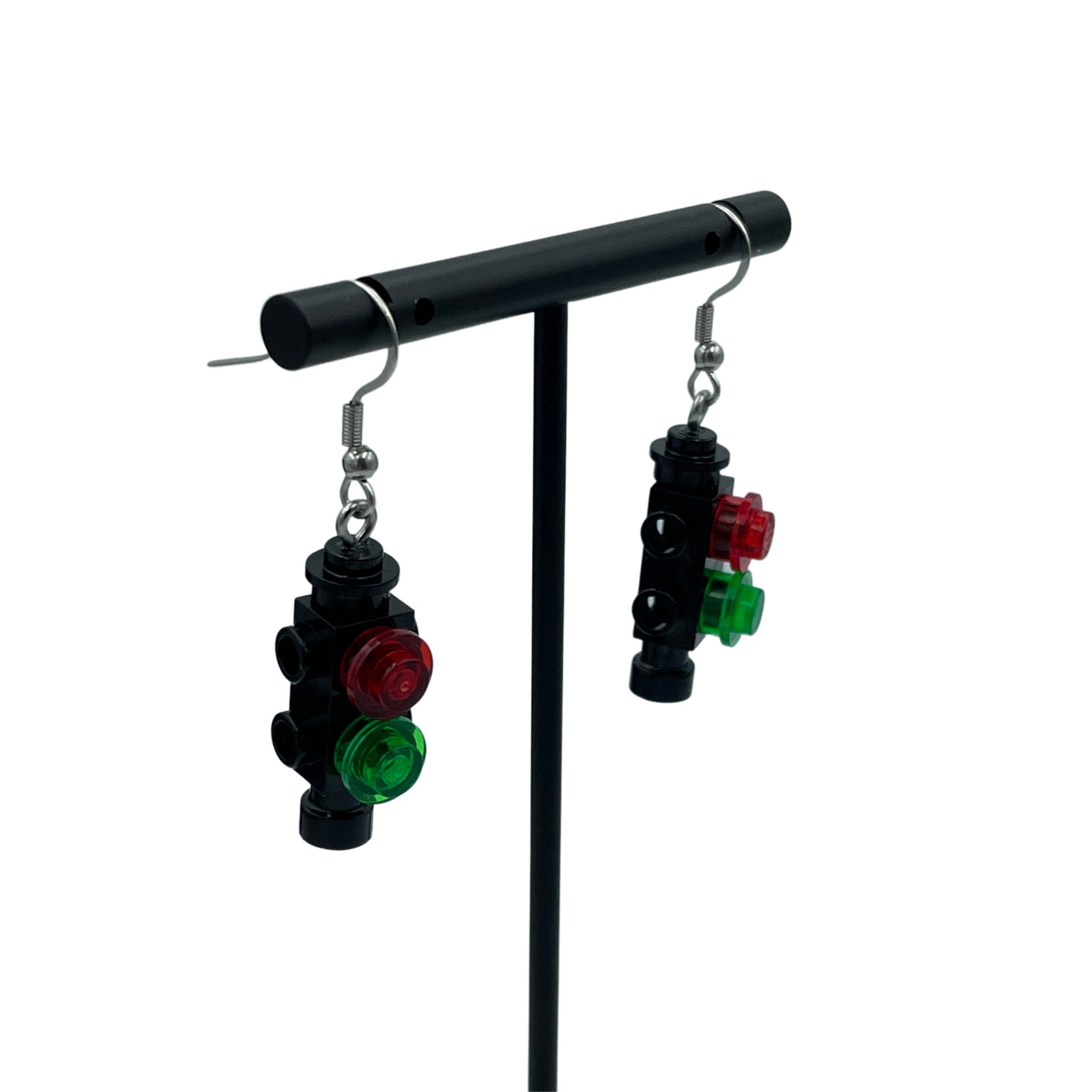 Traffic Light Earrings made with upcycled LEGO®. Civil Transport Engineer Gift