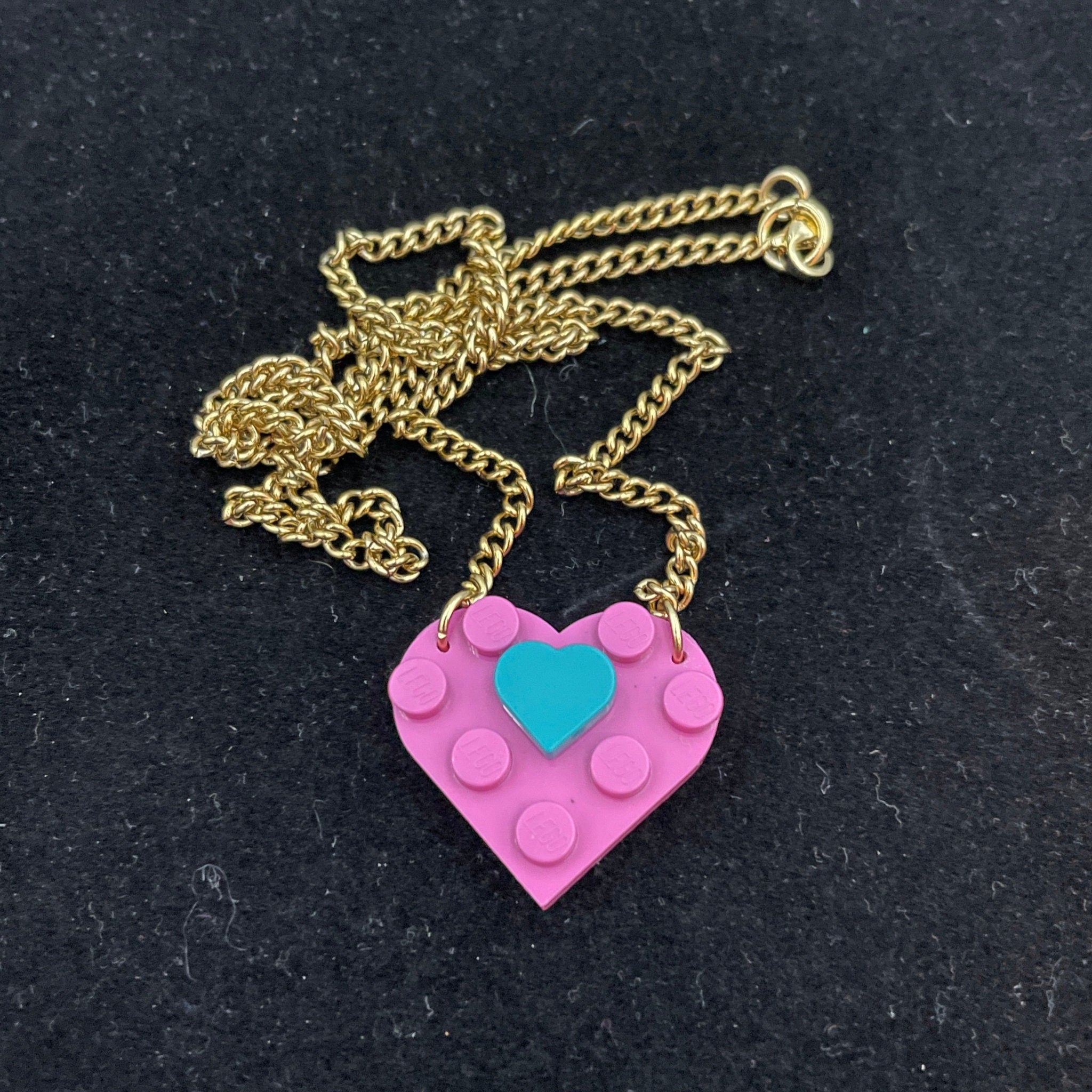 Pink and Teal Heart necklace made with upcycled LEGO® on Gold Chain