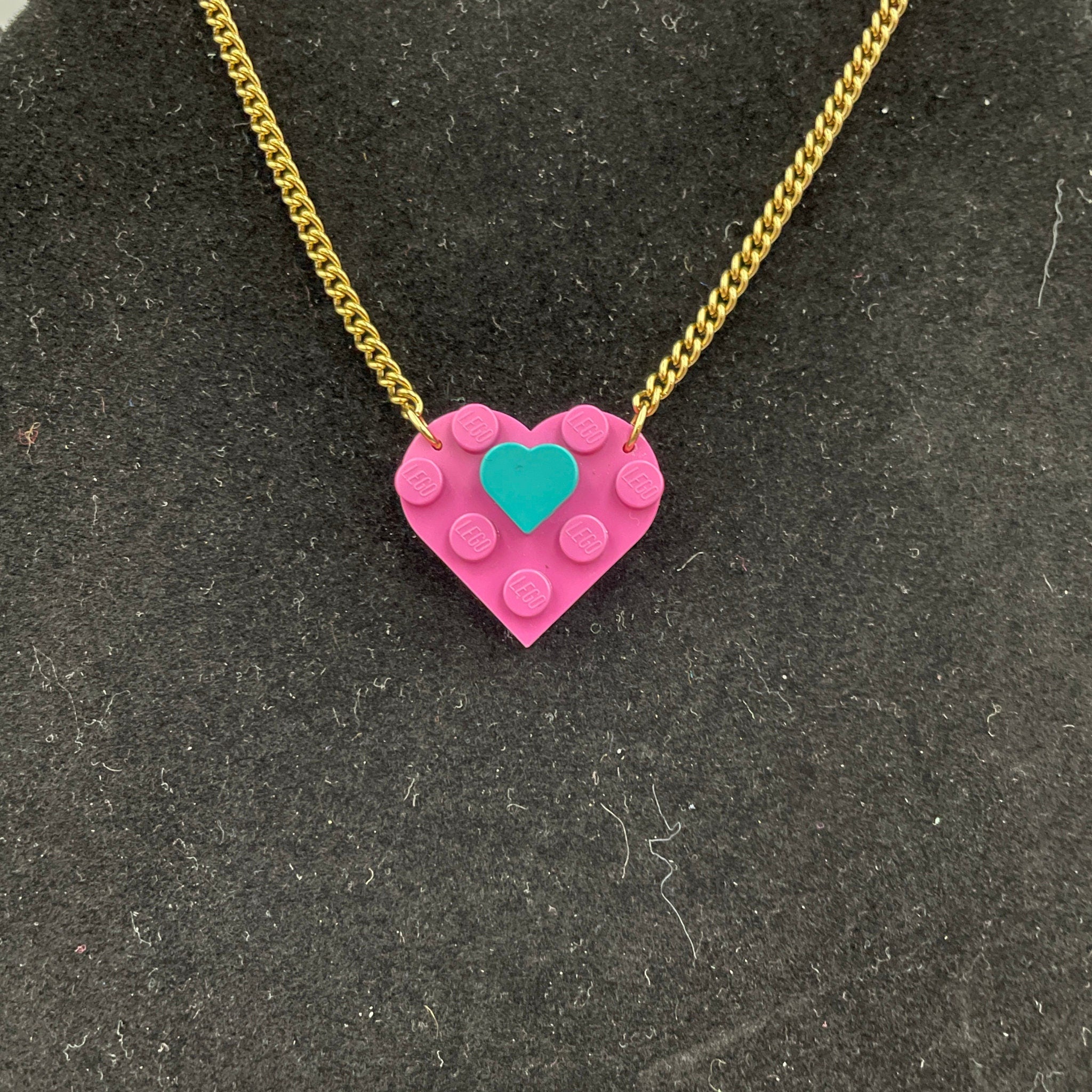 Pink and Teal Heart necklace made with upcycled LEGO® on Gold Chain