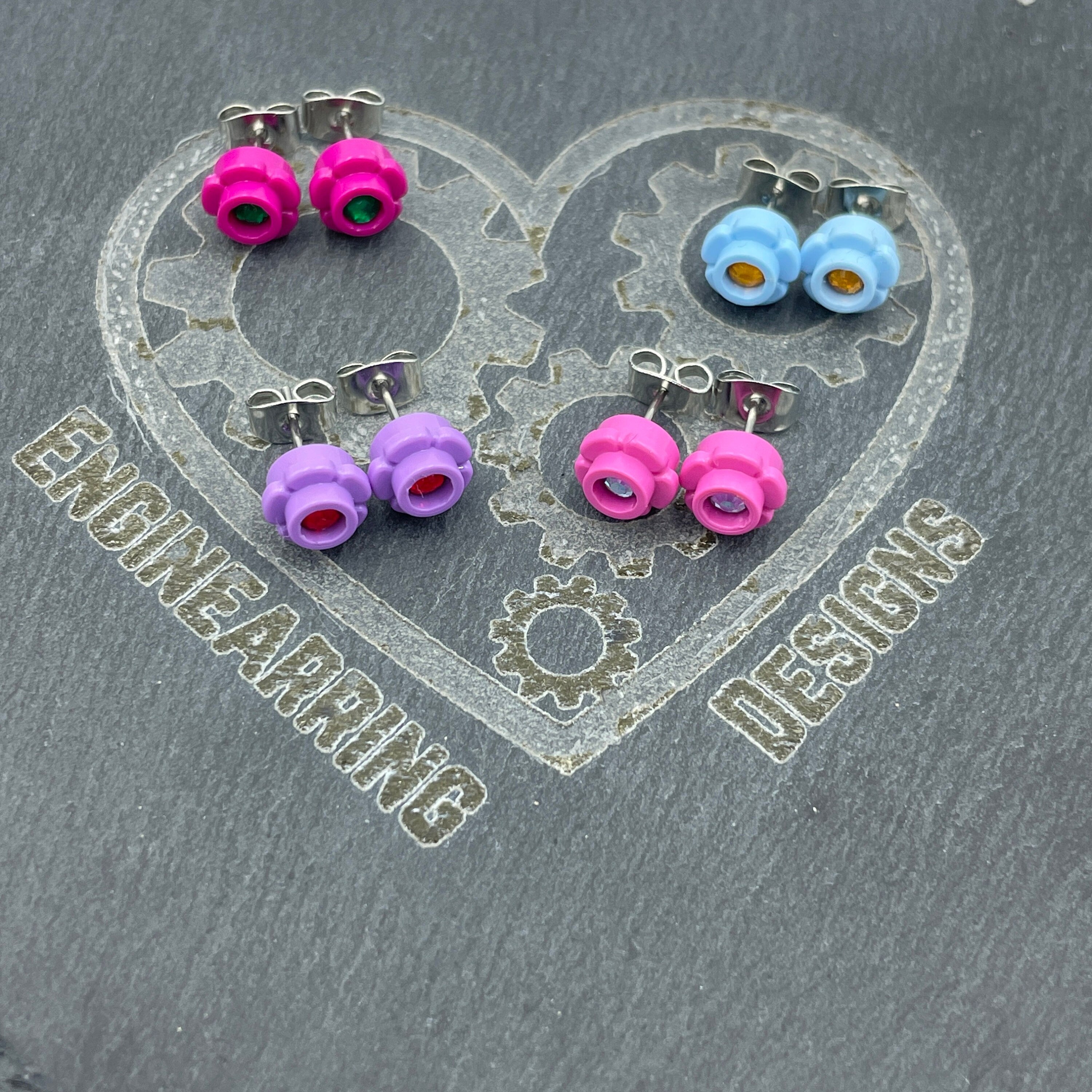 Colourful Flower Stud Earrings with a Diamanté Centre made with upcycled LEGO®