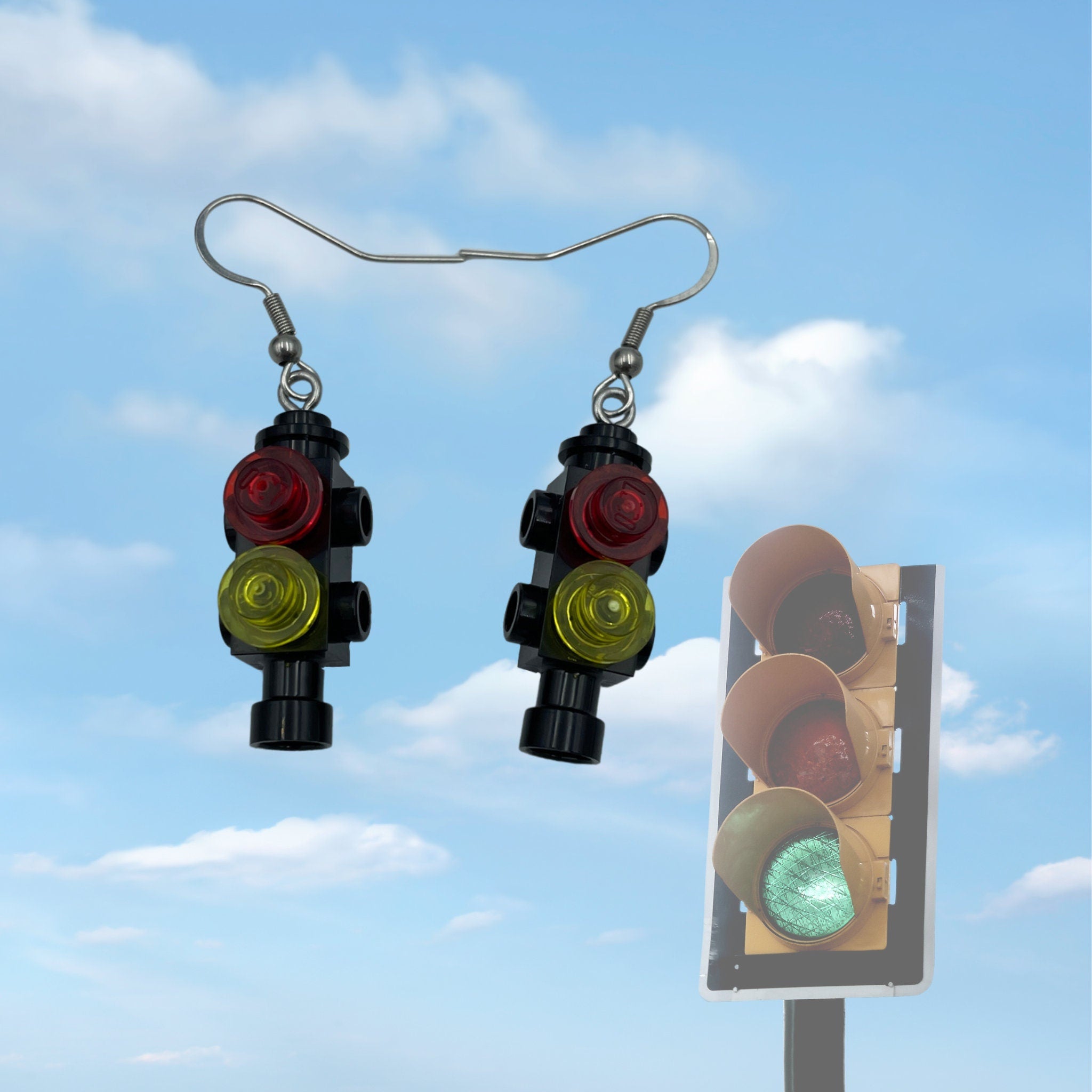 Traffic Light Earrings made with upcycled LEGO®. Civil Transport Engineer Gift