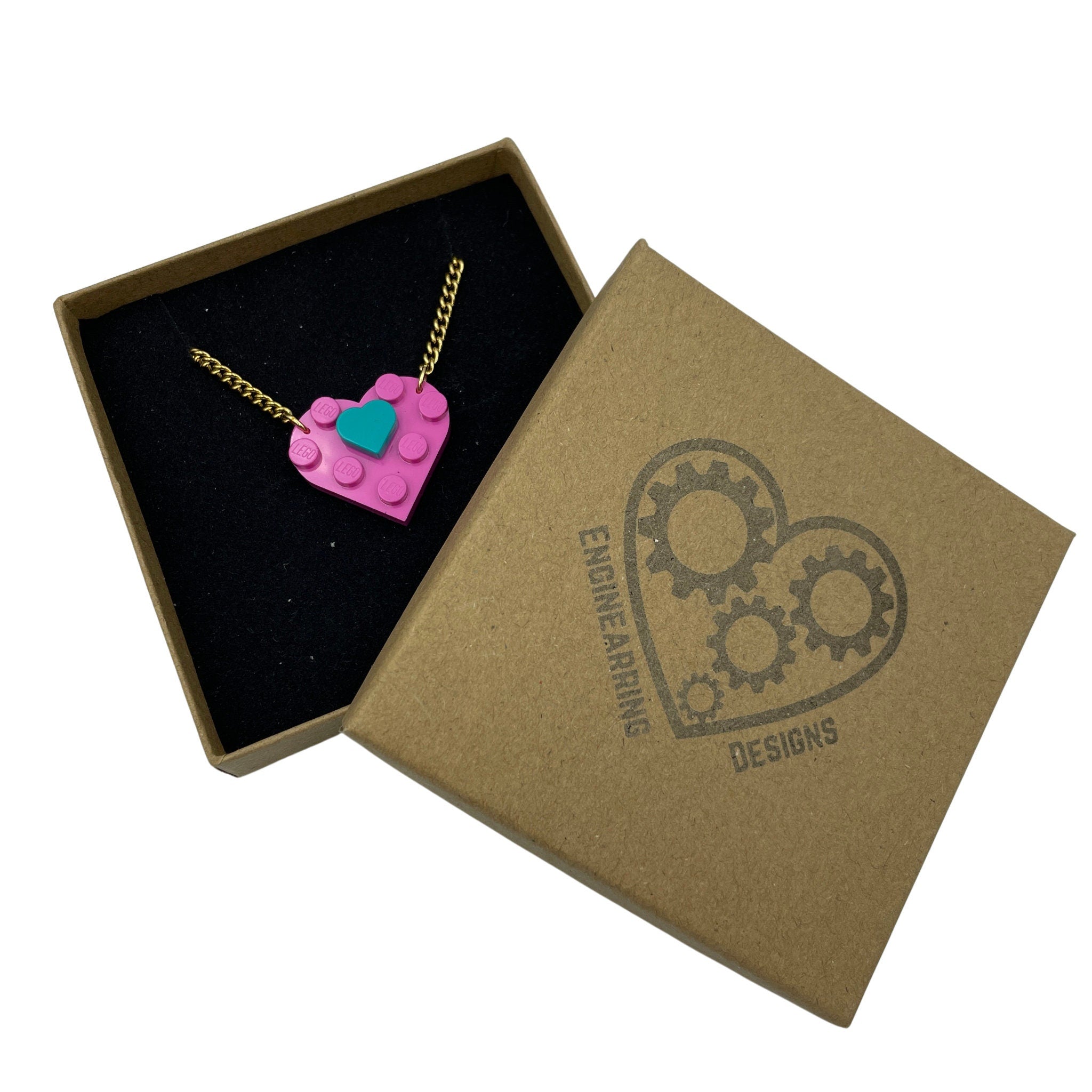 Pink and Teal Heart necklace made with upcycled LEGO® on Gold Chain