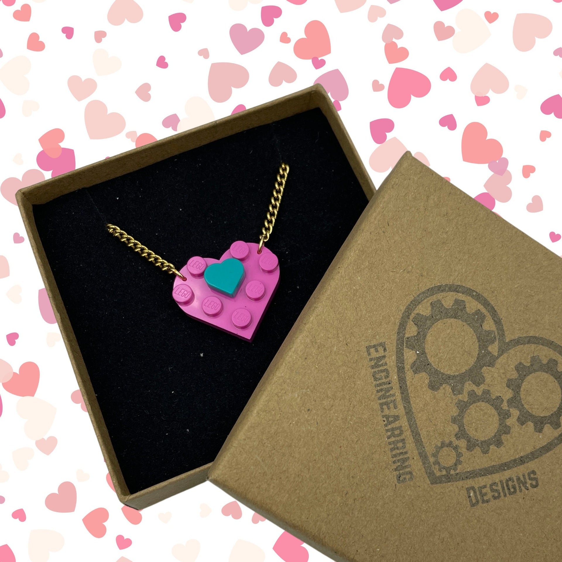 EnginearringDesigns Pink and Teal Heart necklace made with LEGO