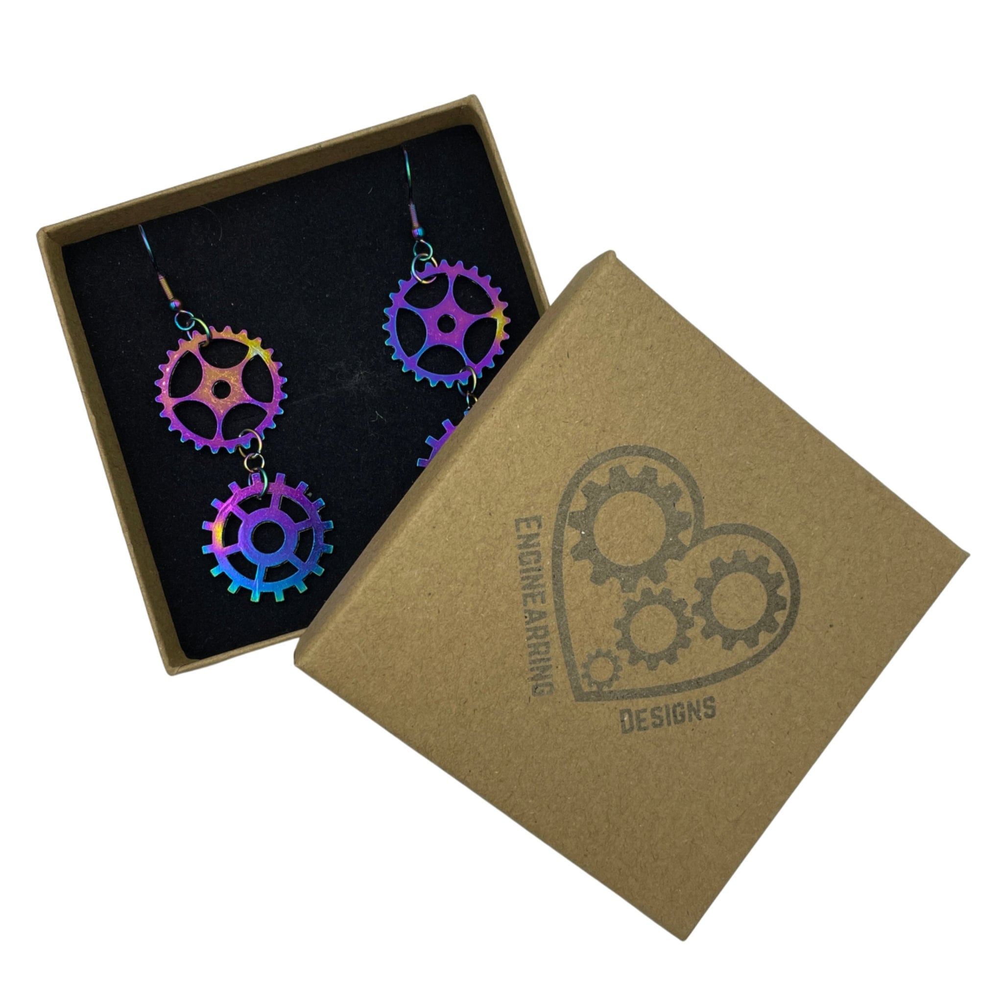 Iridescent Rainbow Steampunk Double Dangle Cog Earrings