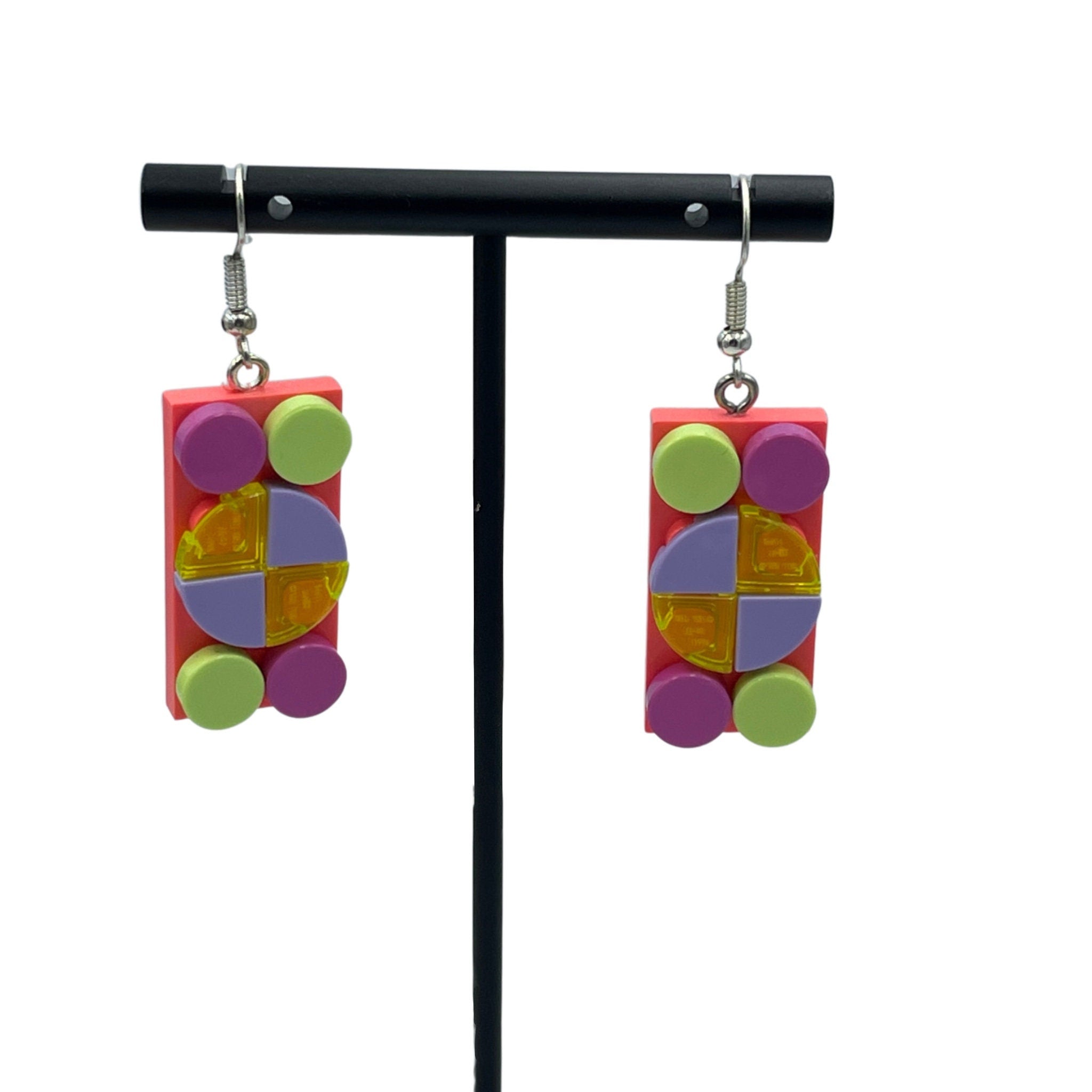 Upcycled Geometric Rectangle Earrings made with upcycled LEGO® Coral with Purple