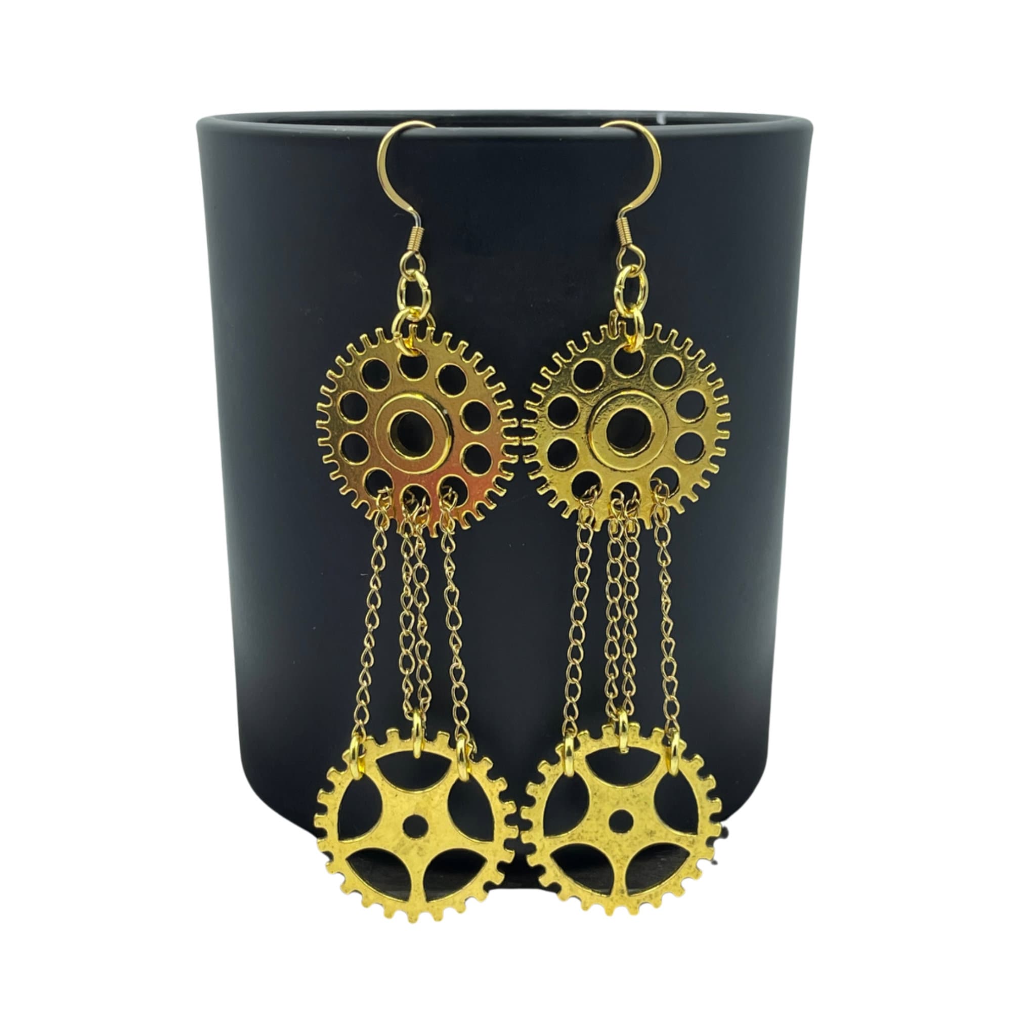 Long Gold Double Chain Cog Dangle Statement Chandelier Earrings