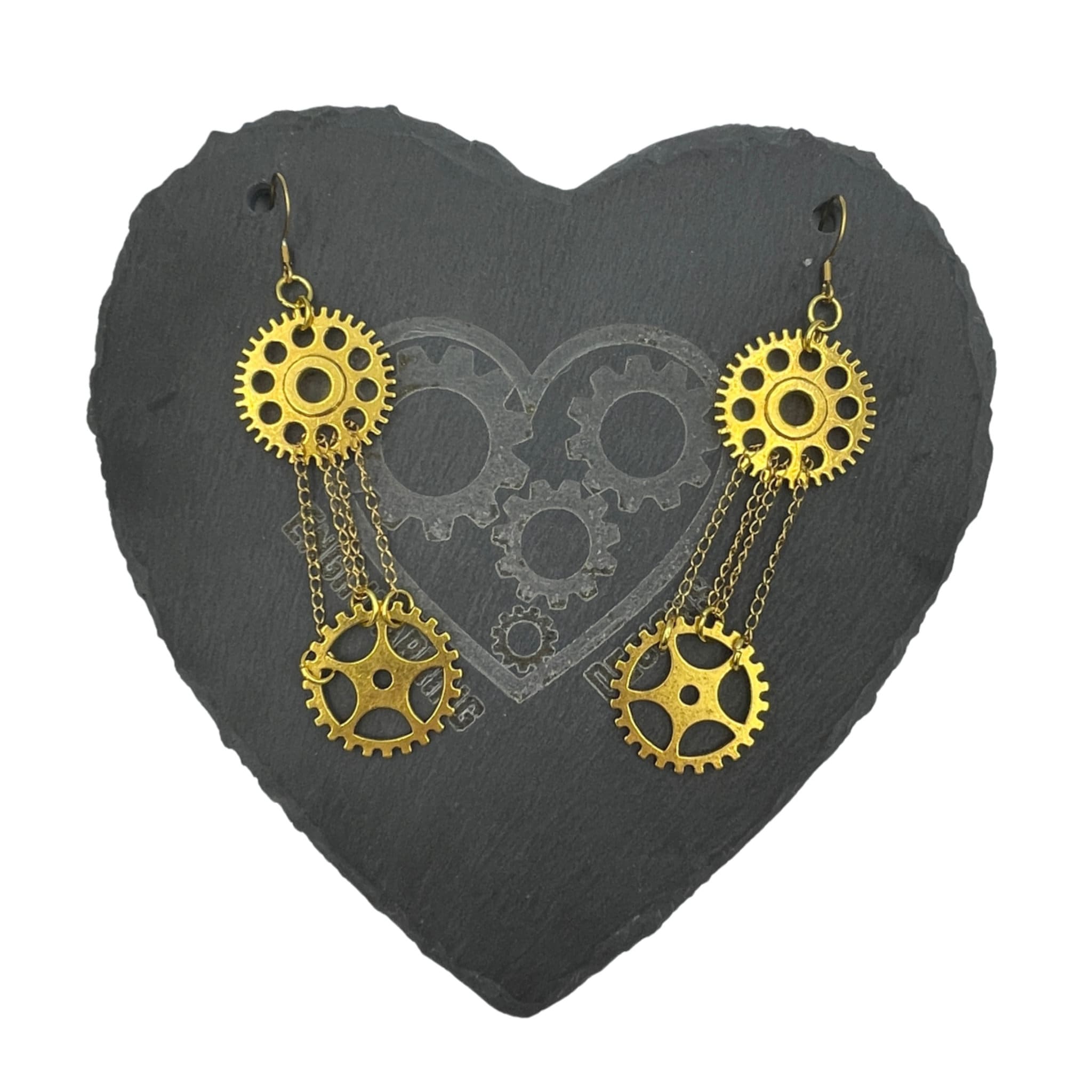 Long Gold Double Chain Cog Dangle Statement Chandelier Earrings