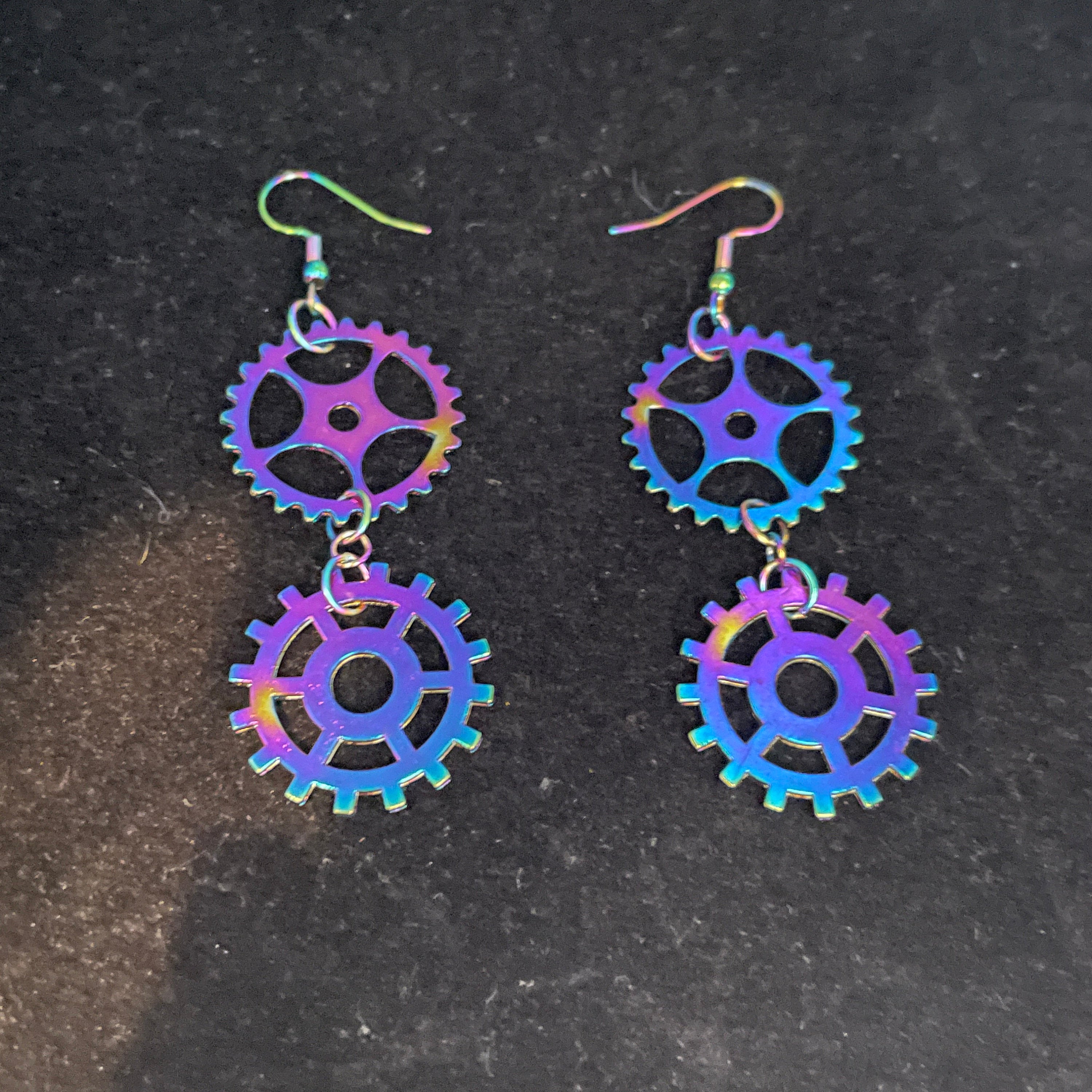 Iridescent Rainbow Steampunk Double Dangle Cog Earrings