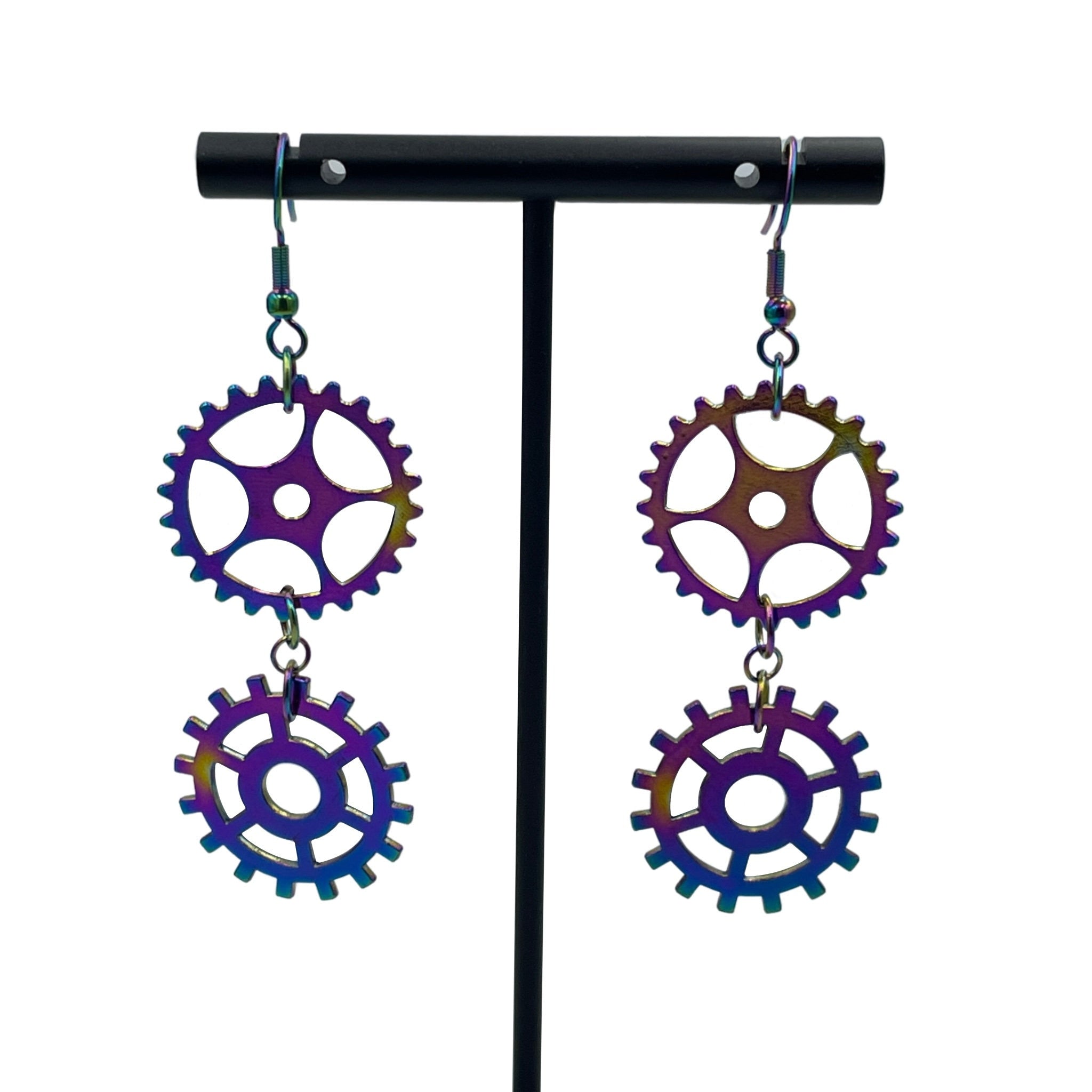 Iridescent Rainbow Steampunk Double Dangle Cog Earrings