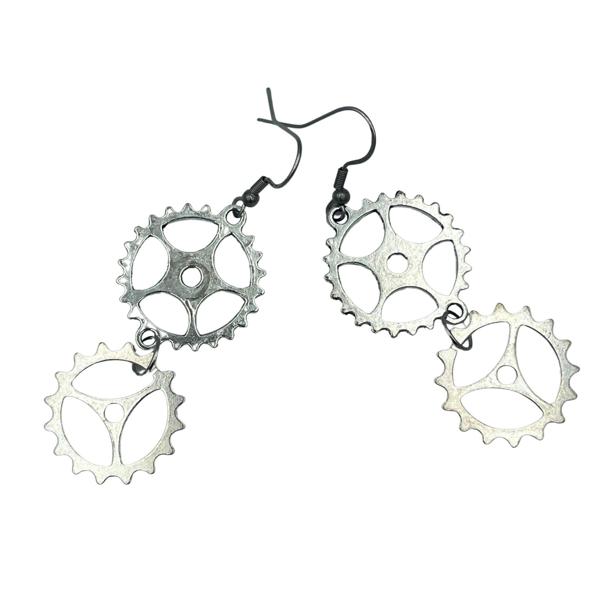 Cog Double Dangle Silver Steampunk Hardware Statement Earrings