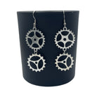 Cog Double Dangle Silver Steampunk Hardware Statement Earrings