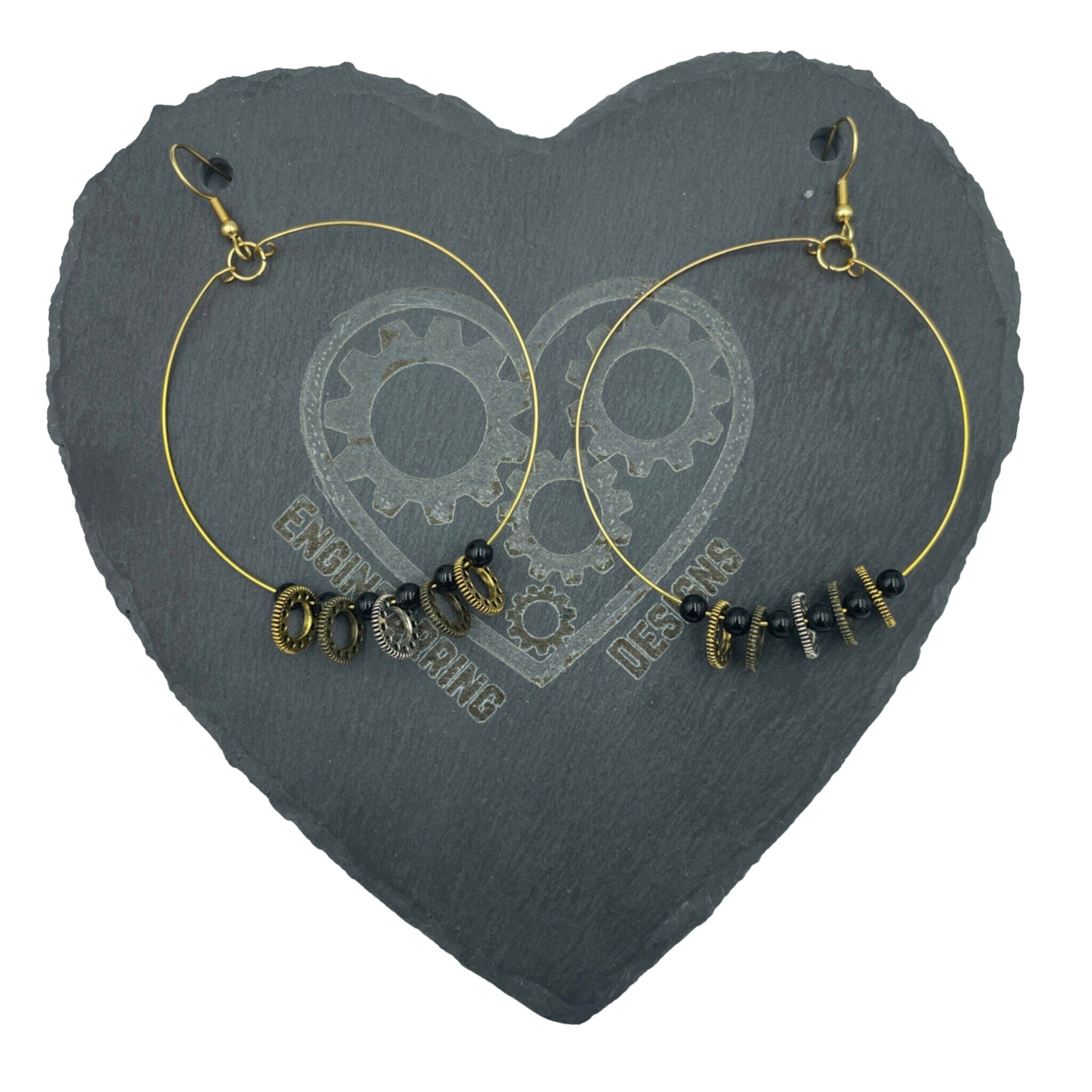 Stunning Gold Minimalist Statement Cog and Onyx Steampunk Earrings