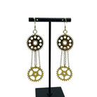 Long Gold Double Chain Cog Dangle Statement Chandelier Earrings