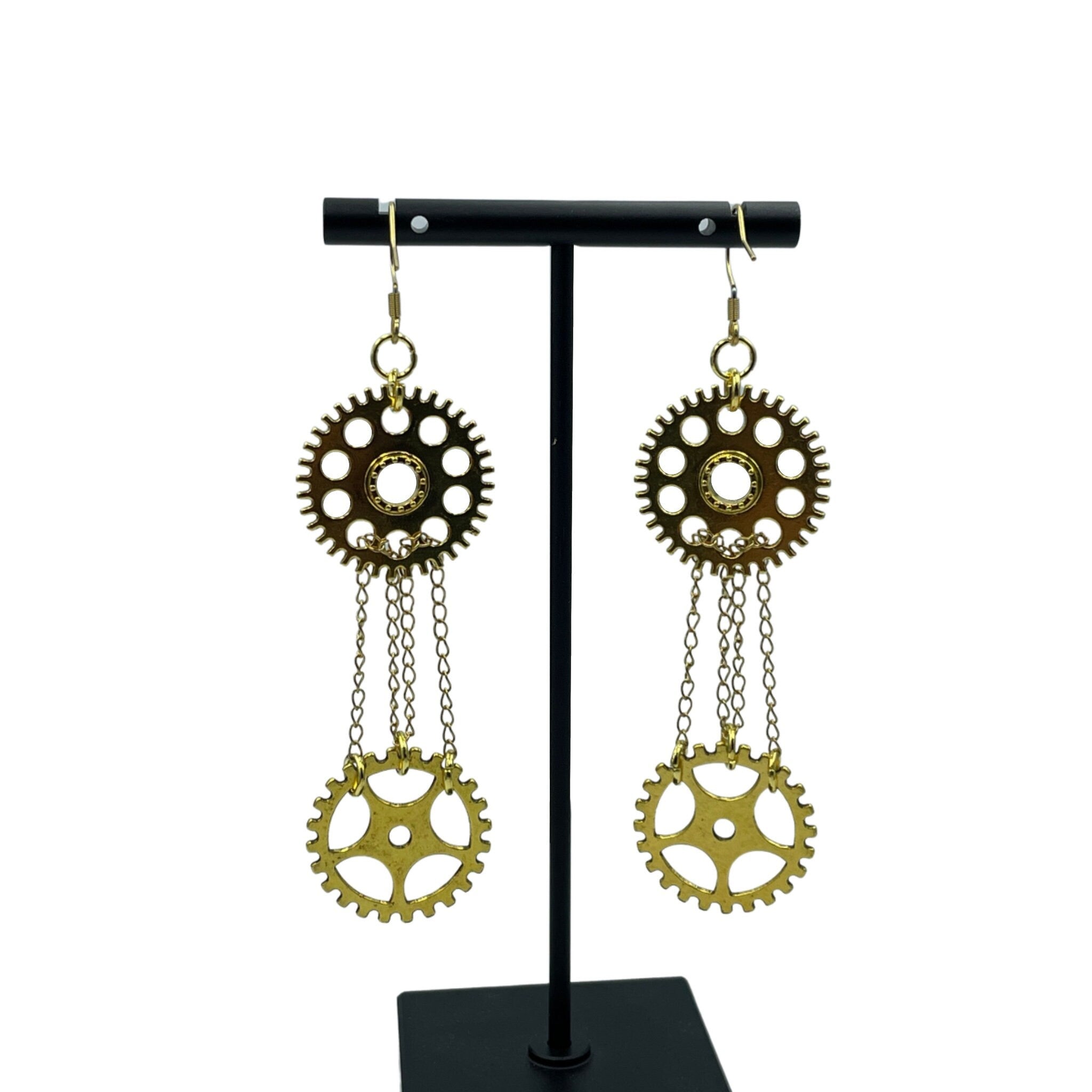 Long Gold Double Chain Cog Dangle Statement Chandelier Earrings