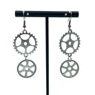 Steampunk Silver Double Cog Dangle Statement Earrings