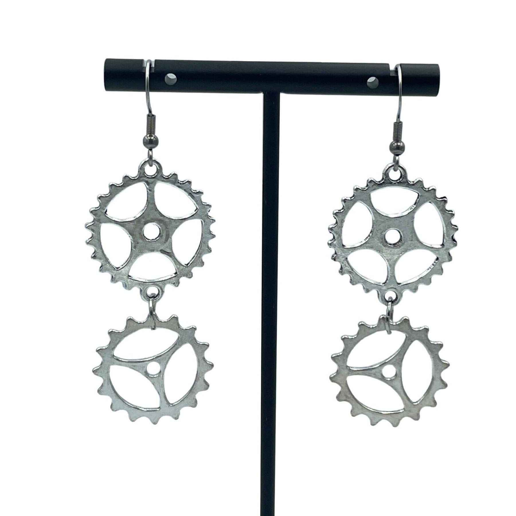 Cog Double Dangle Silver Steampunk Hardware Statement Earrings