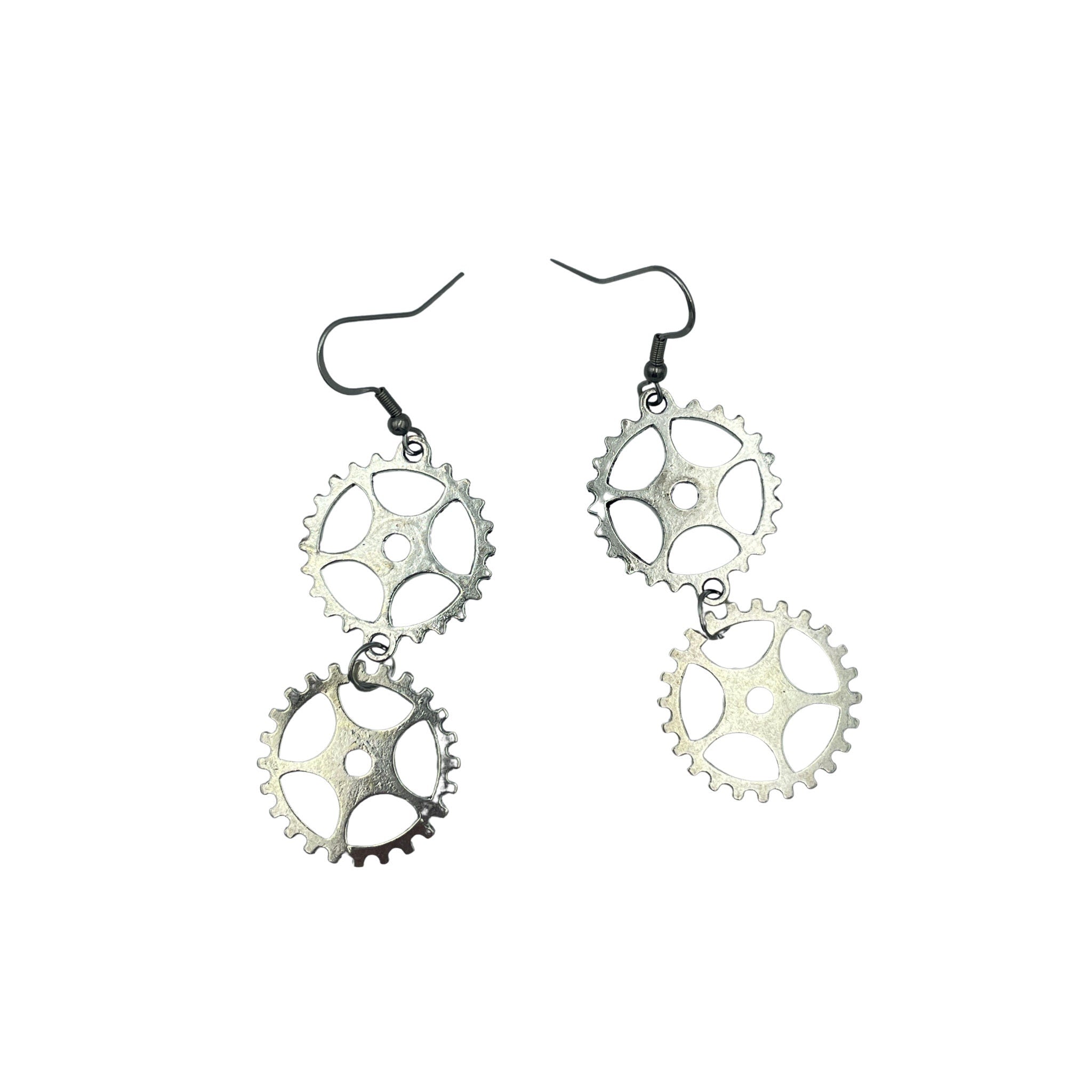 Steampunk Silver Double Dangle Cog Hardware Statement Earrings