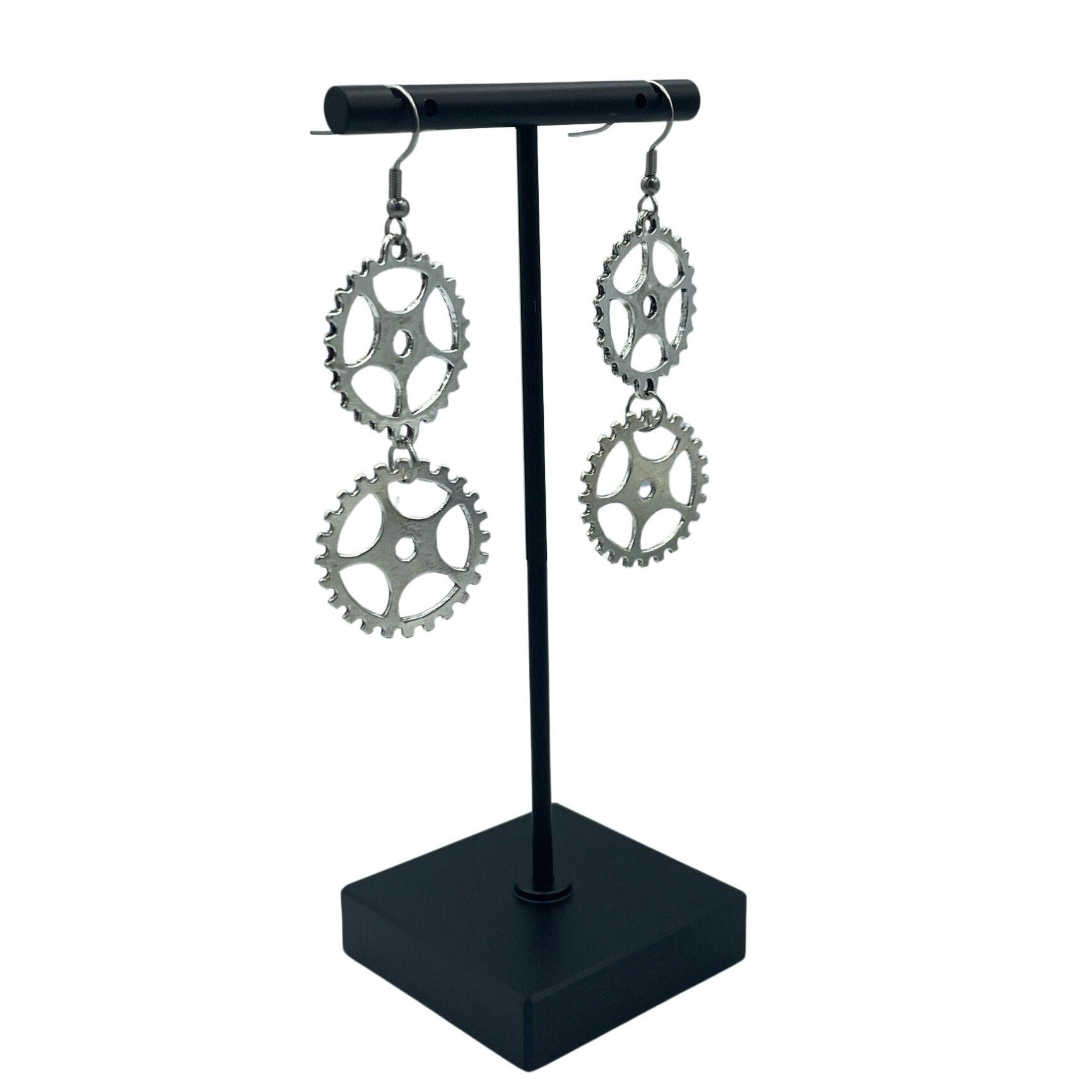 Steampunk Silver Double Dangle Cog Hardware Statement Earrings