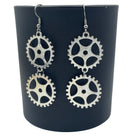 Steampunk Silver Double Dangle Cog Hardware Statement Earrings