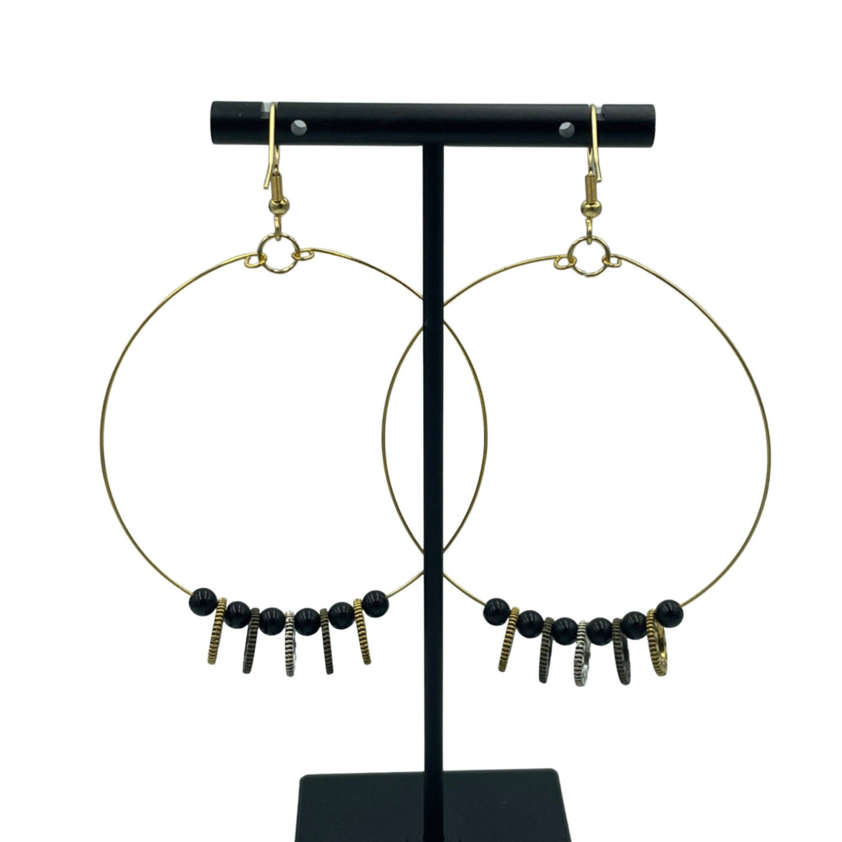 Stunning Gold Minimalist Statement Cog and Onyx Steampunk Earrings