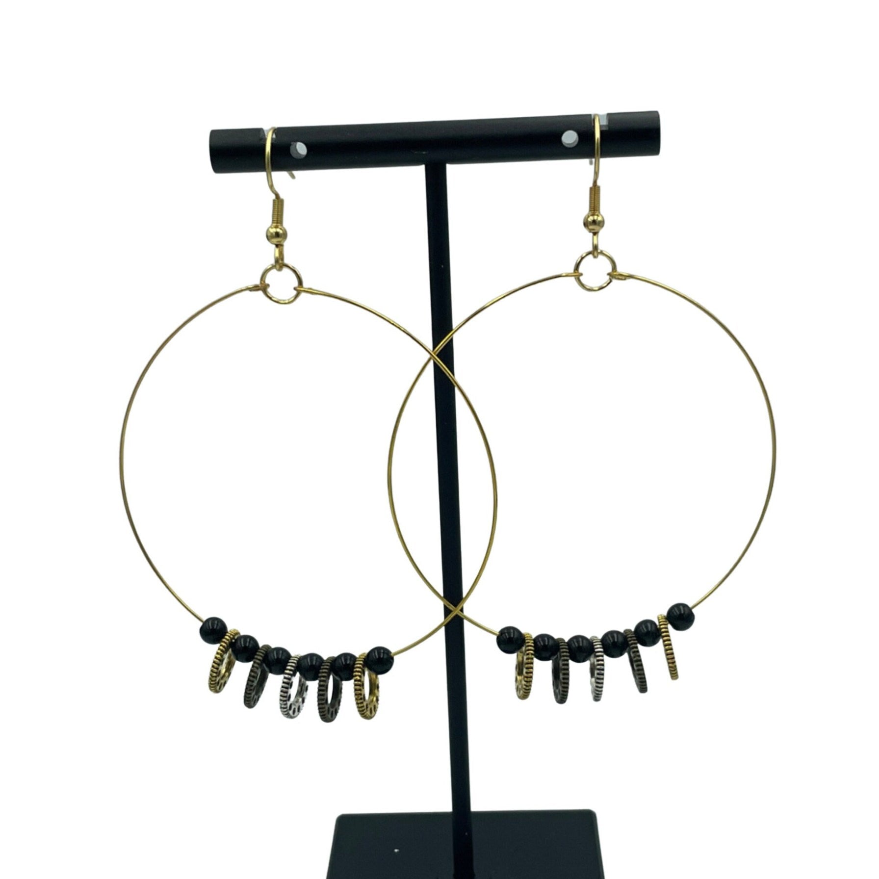 Stunning Gold Minimalist Statement Cog and Onyx Steampunk Earrings