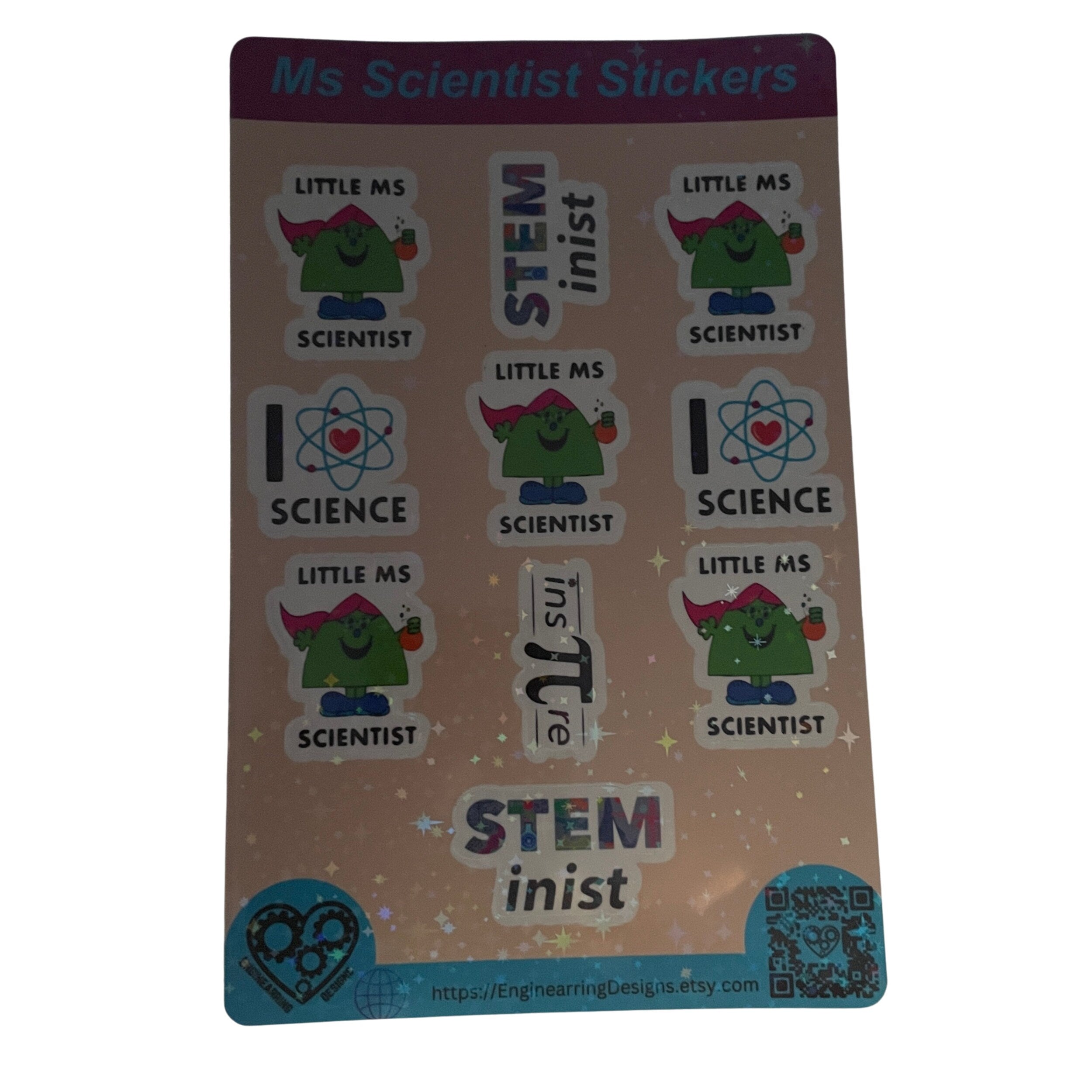 Little Ms Scientist Holographic Sticker Sheet. Women in Science STEMinist decal