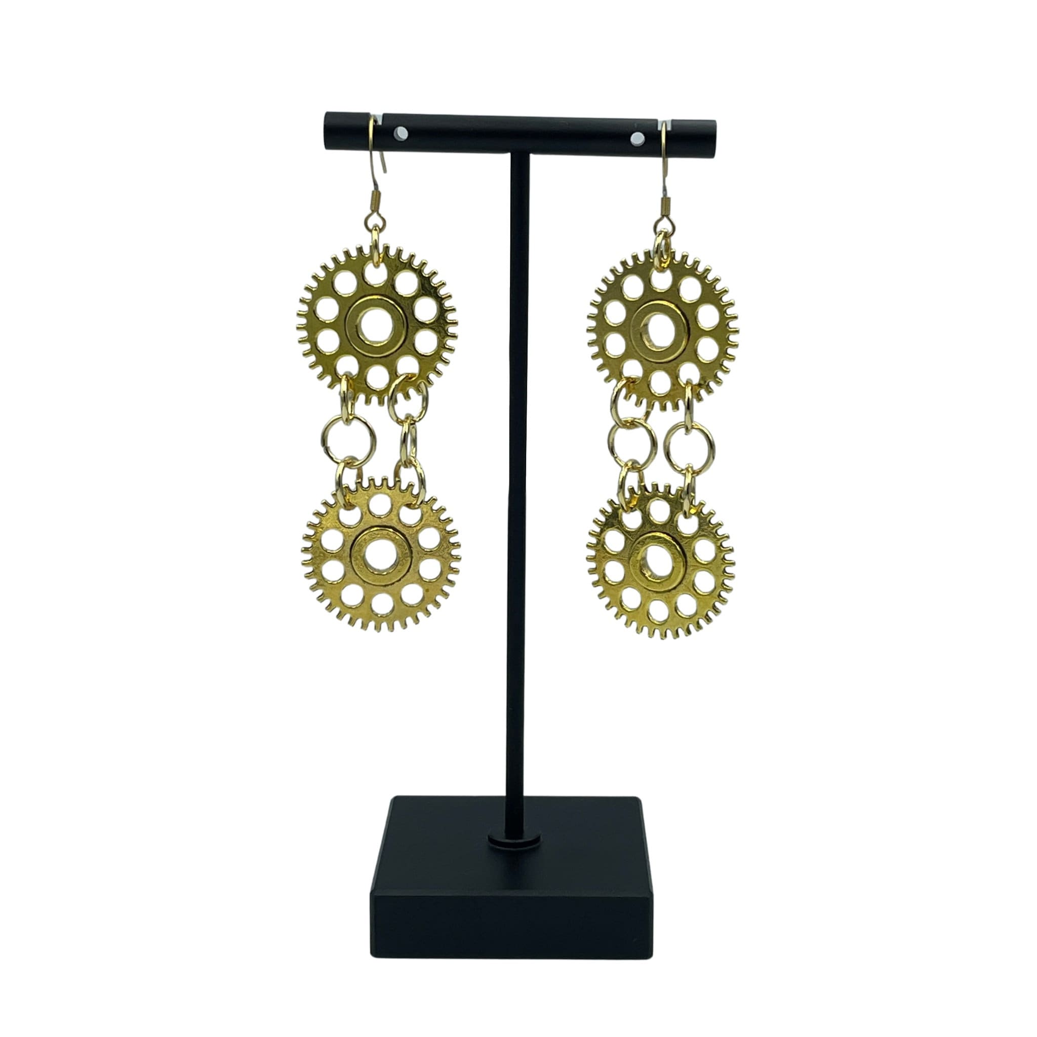 Gold Double Dangle Cog Steampunk Chunky Chain Statement Earrings