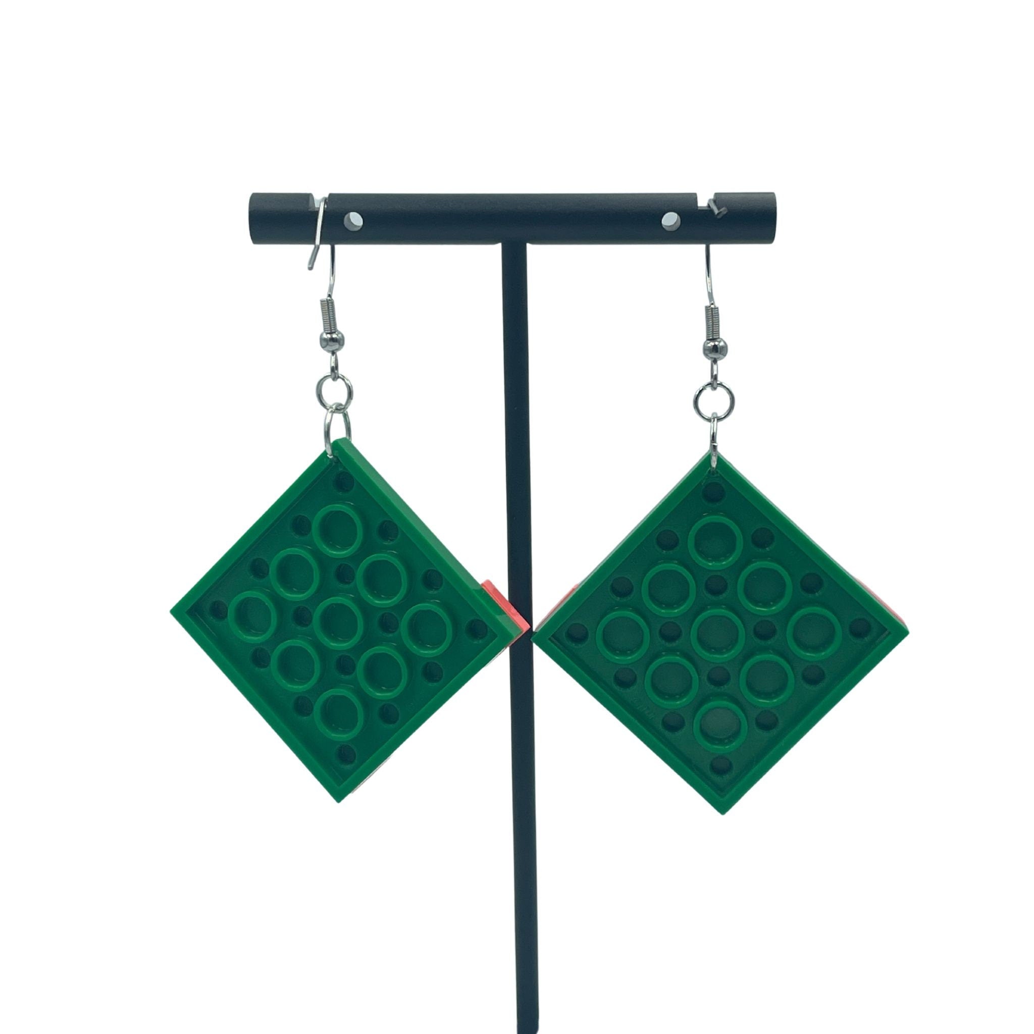 Green Square Geometric Earrings made with upcycled LEGO®