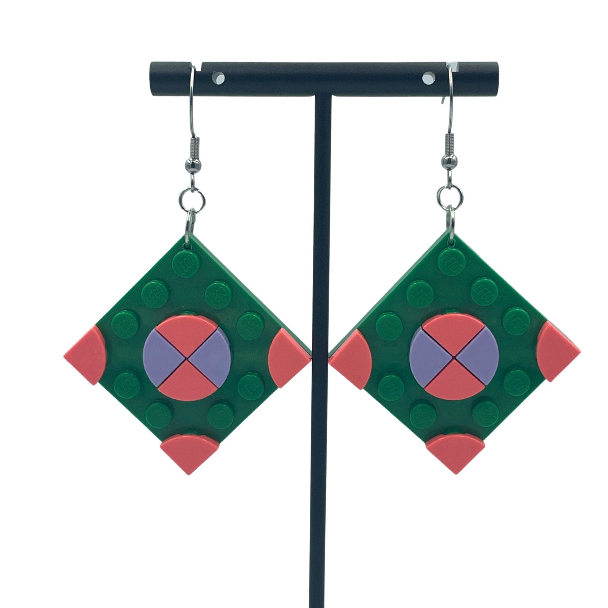 Green Square Geometric Earrings made with upcycled LEGO®