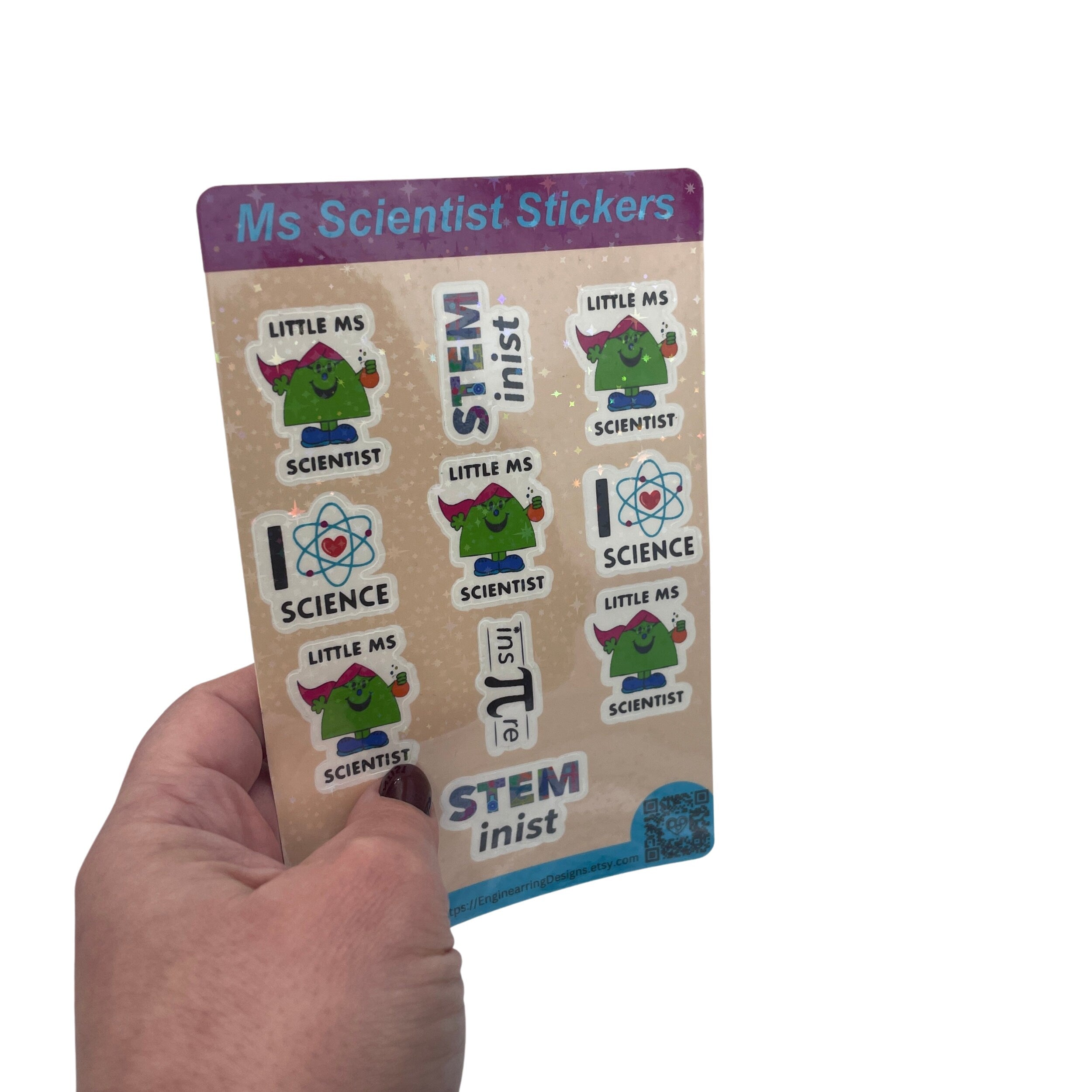 Little Ms Scientist Holographic Sticker Sheet. Women in Science STEMinist decal