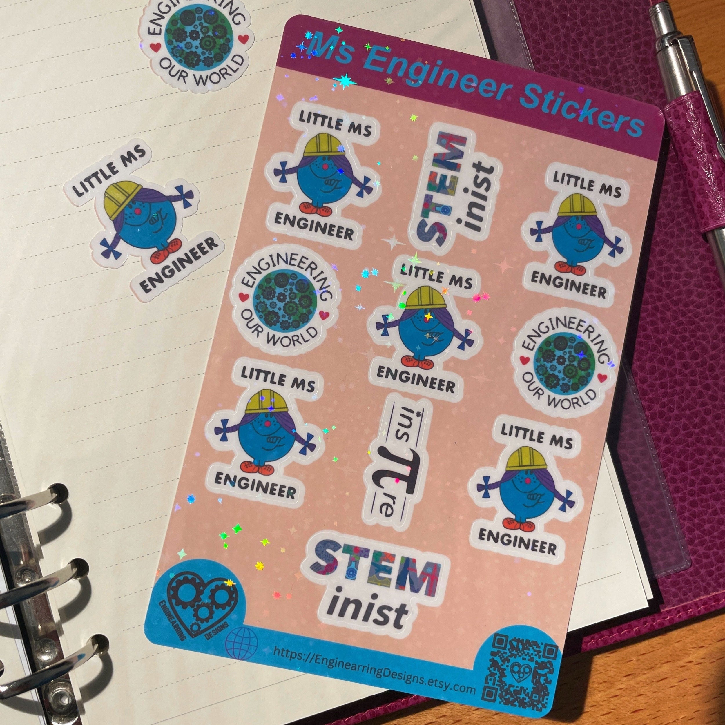 Little Ms Engineer Holographic Sticker Sheet. Women in Engineering STEMinist decal