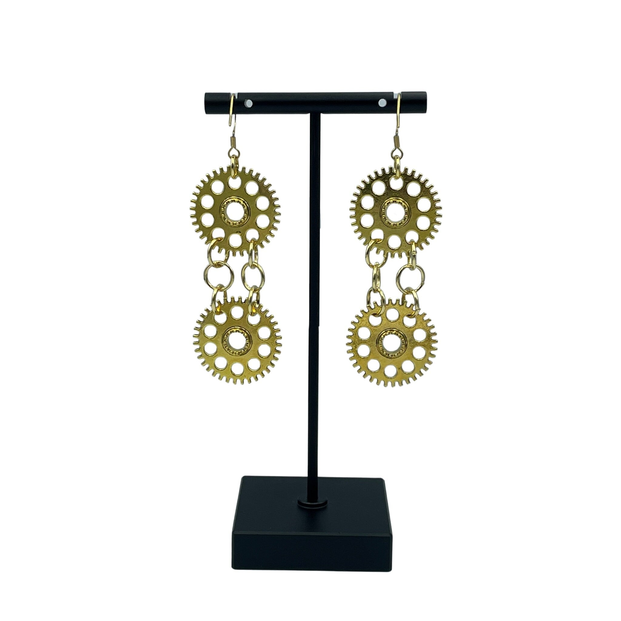 Gold Double Dangle Cog Steampunk Chunky Chain Statement Earrings