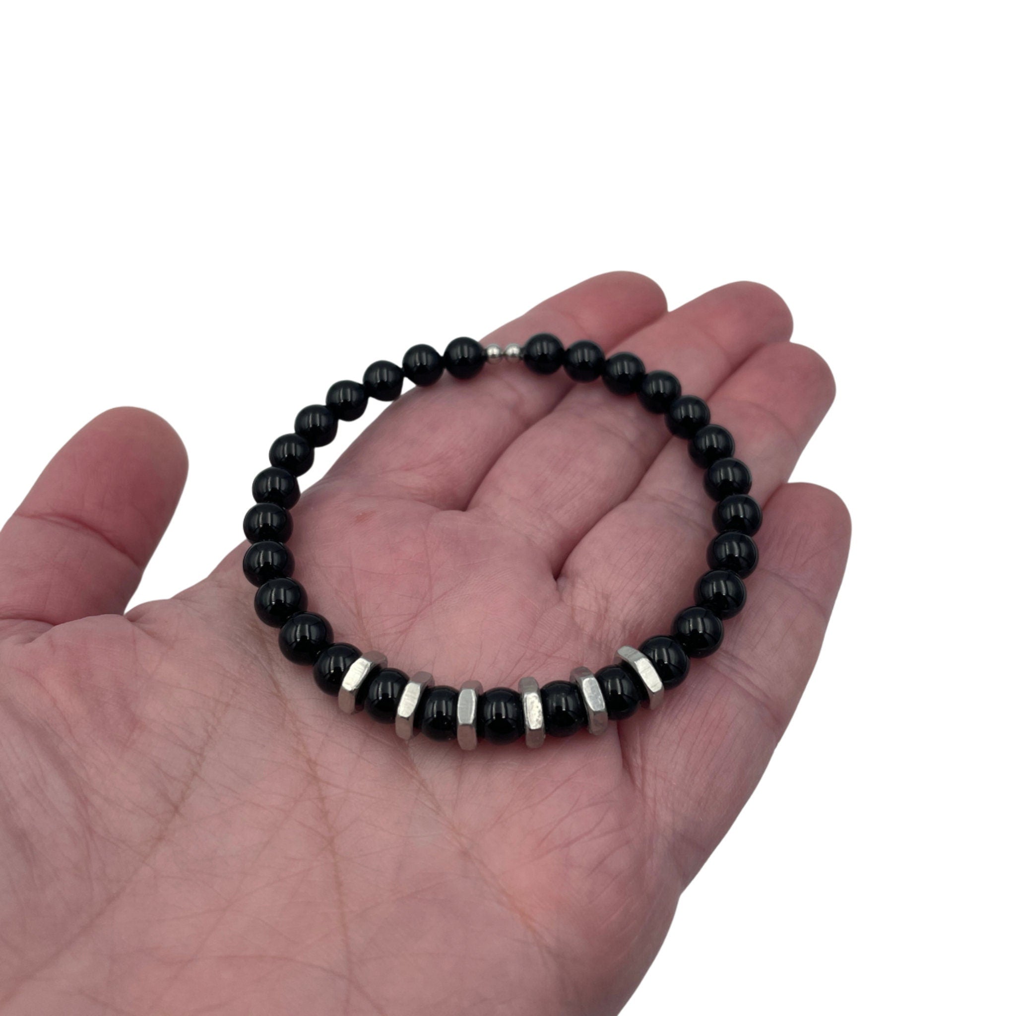 Onyx and Stainless Steel Hex Nut Bracelet