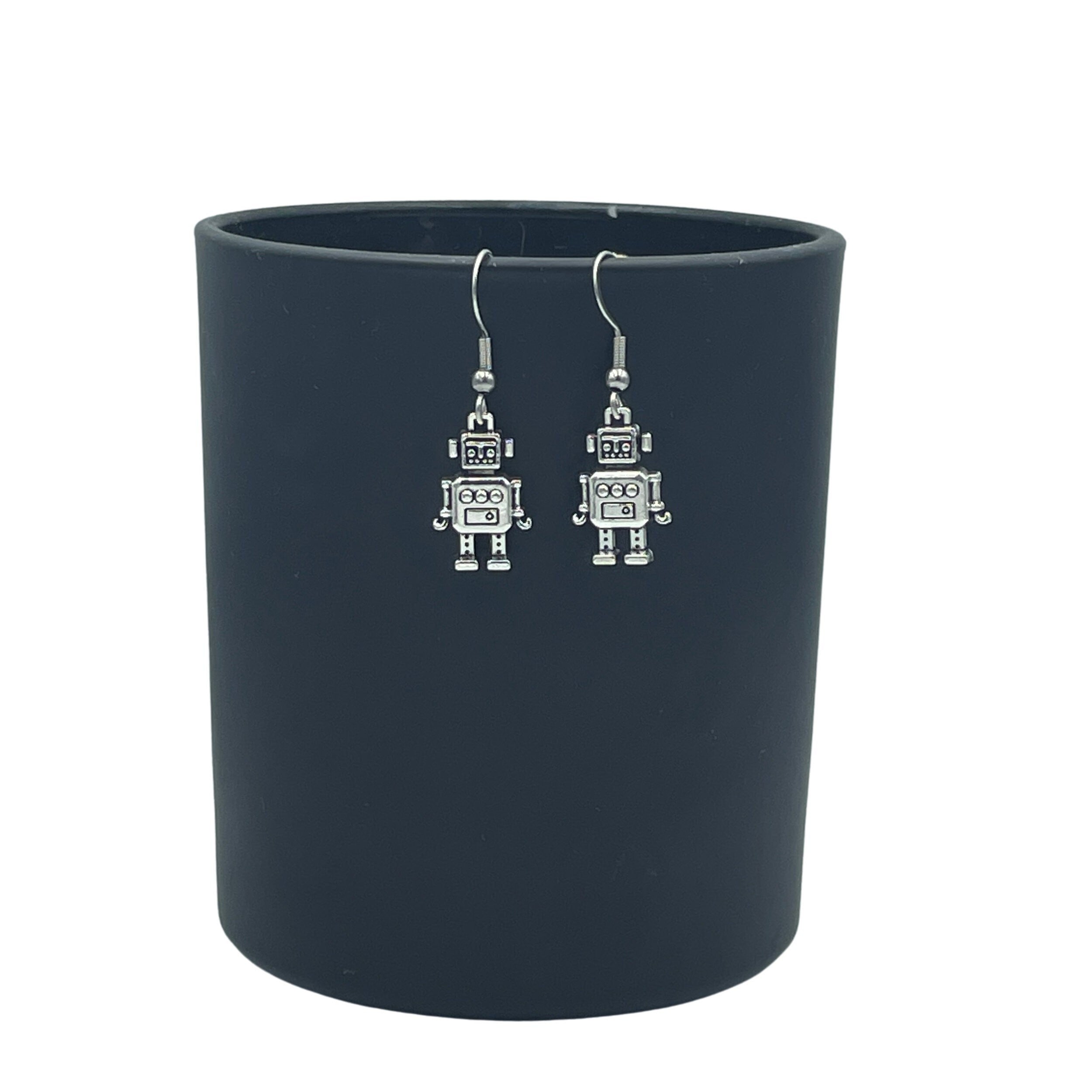 Cute Tiny Silver Robot Earrings