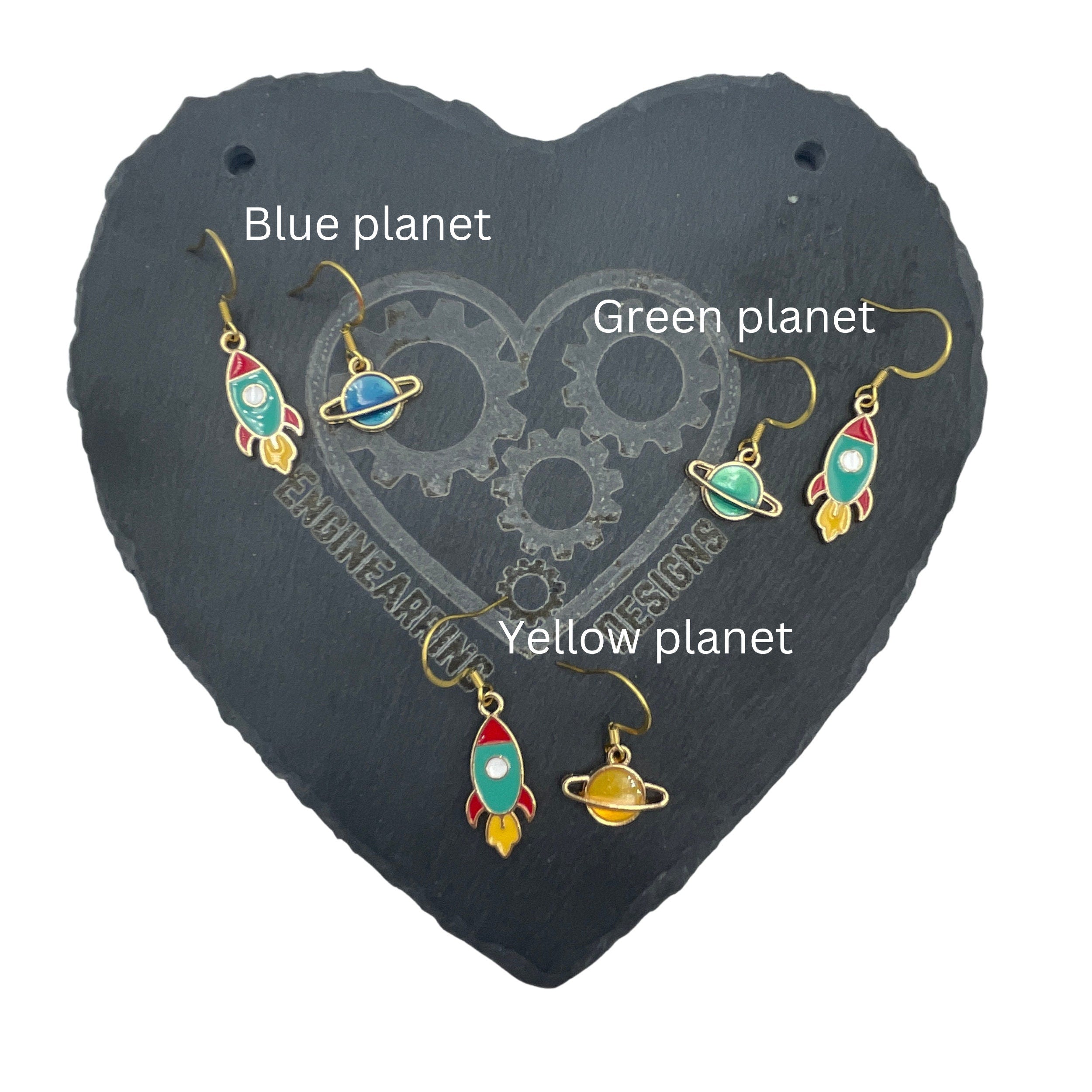 Cute Asymmetric Rocket and Planet Earrings in a variety of colours Green planet