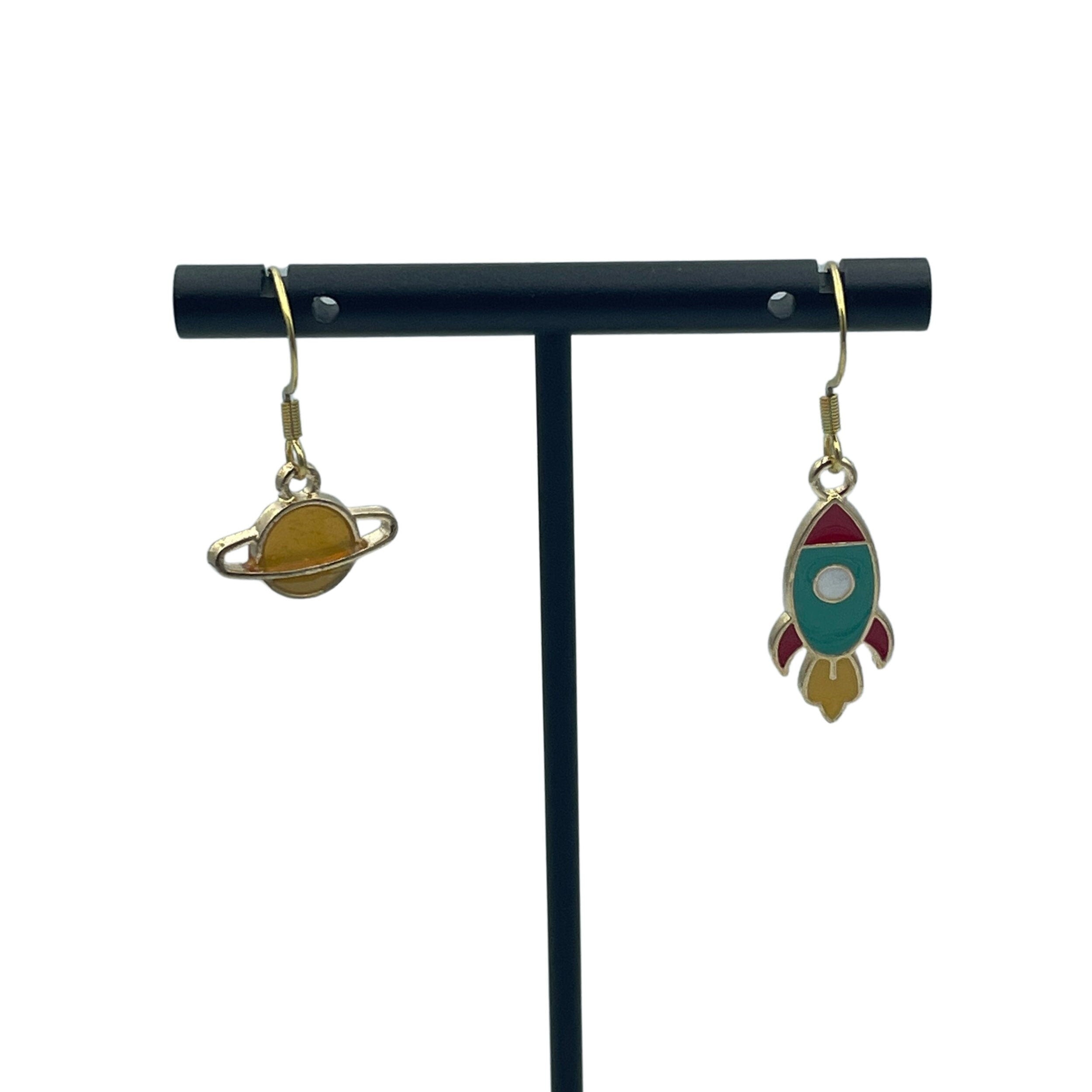 Cute Asymmetric Rocket and Planet Earrings in a variety of colours