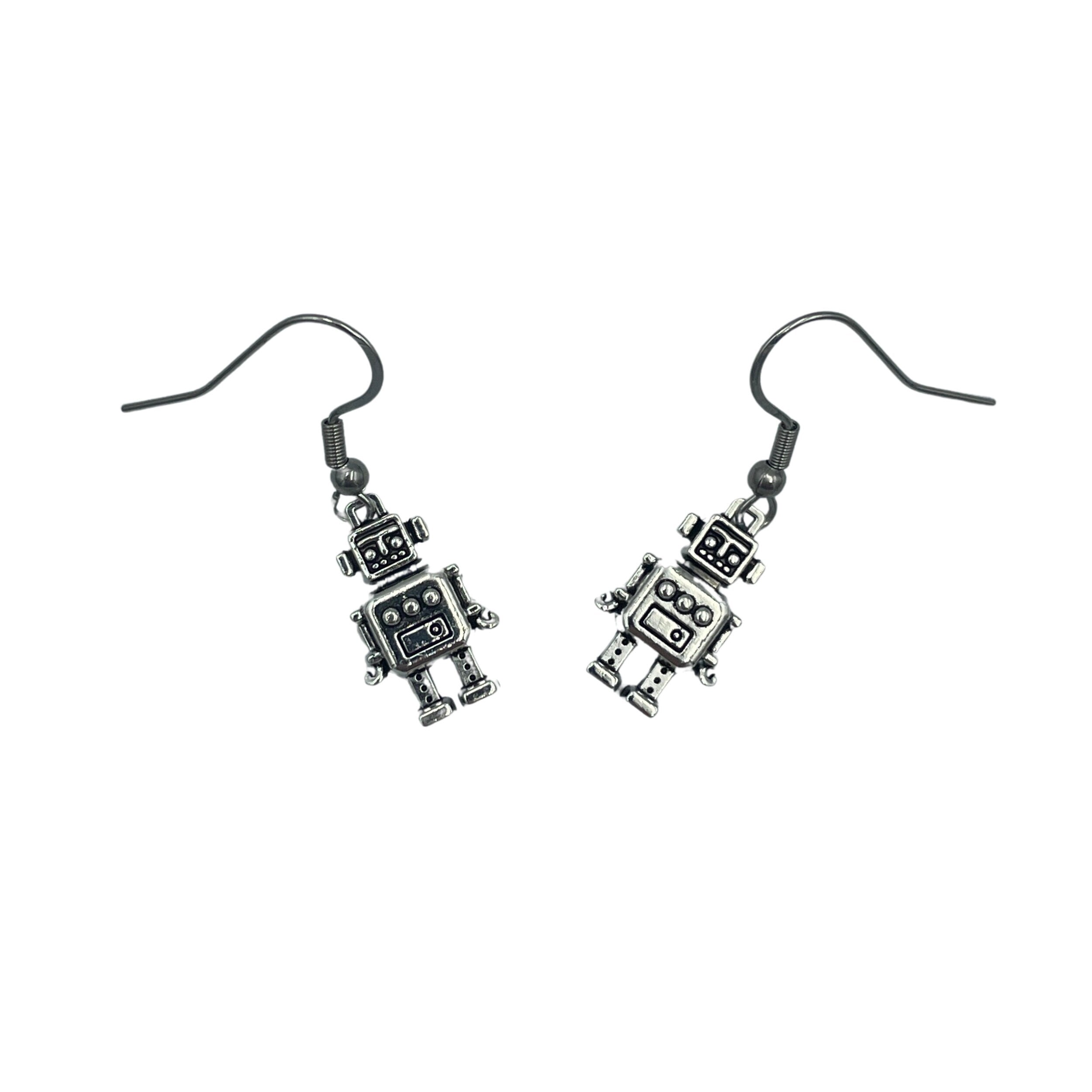 Cute Tiny Silver Robot Earrings