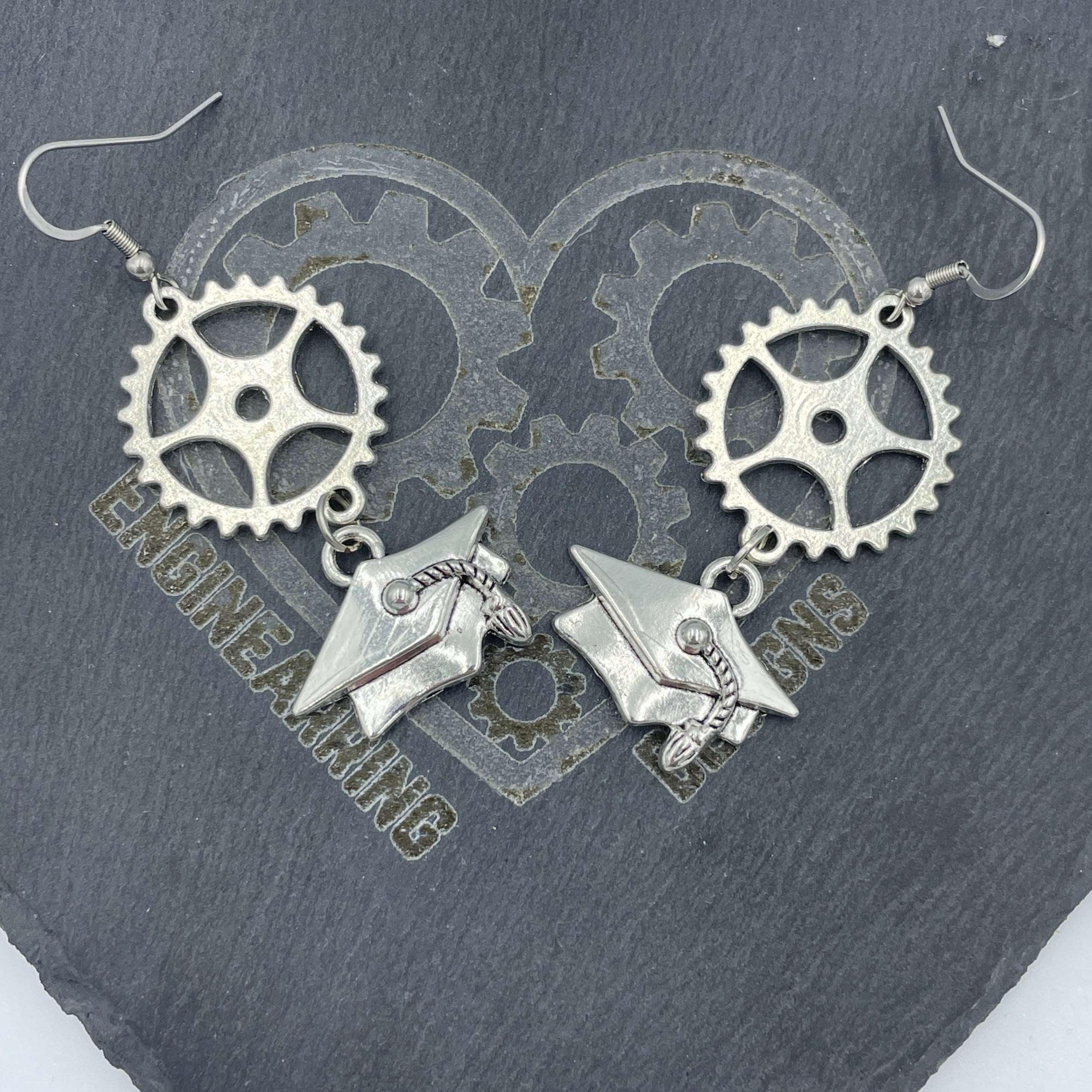 Engineering Graduation Steampunk Silver Dangle Statement Earrings