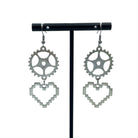 Engineering Cog and Heart Earrings. Steampunk Silver Dangle Statement Earrings