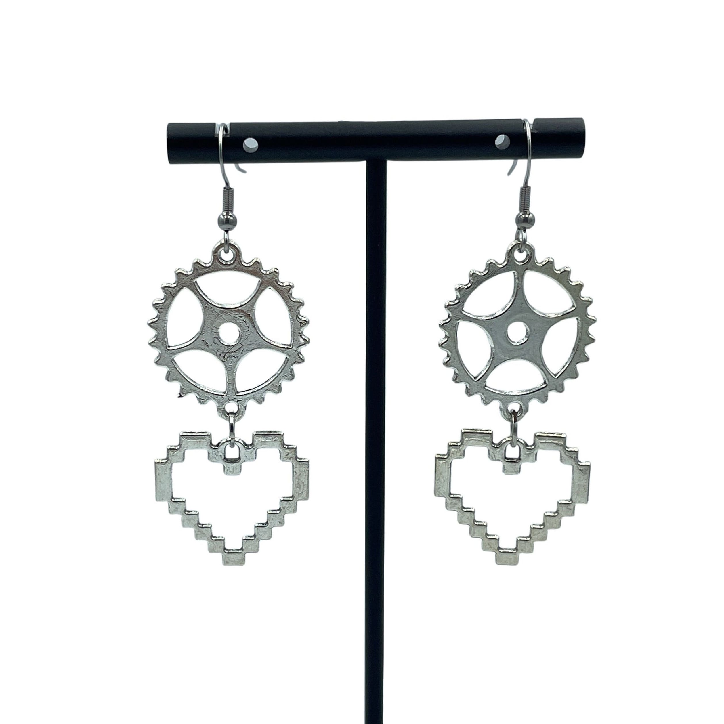 Engineering Cog and Heart Earrings. Steampunk Silver Dangle Statement Earrings